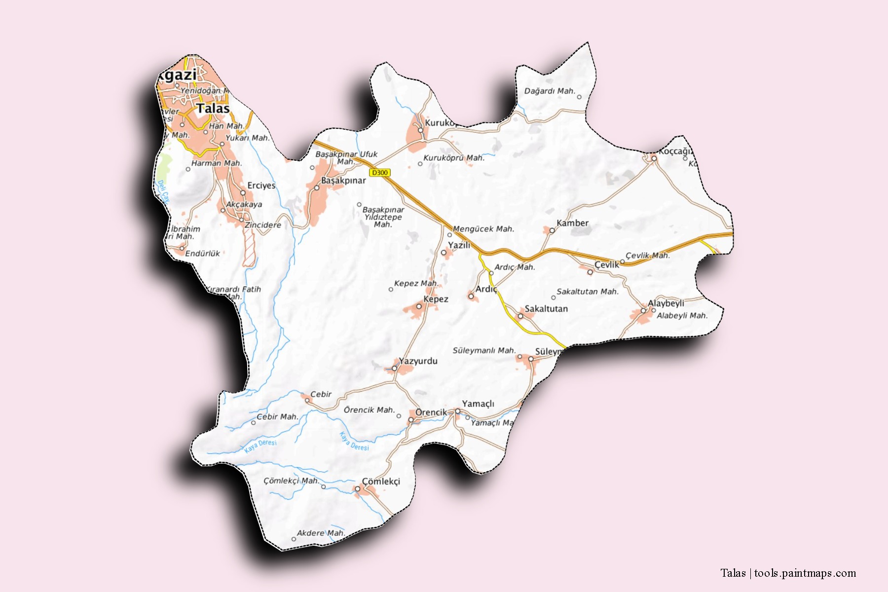 Mapa de barrios y pueblos de Talas con efecto de sombra 3D