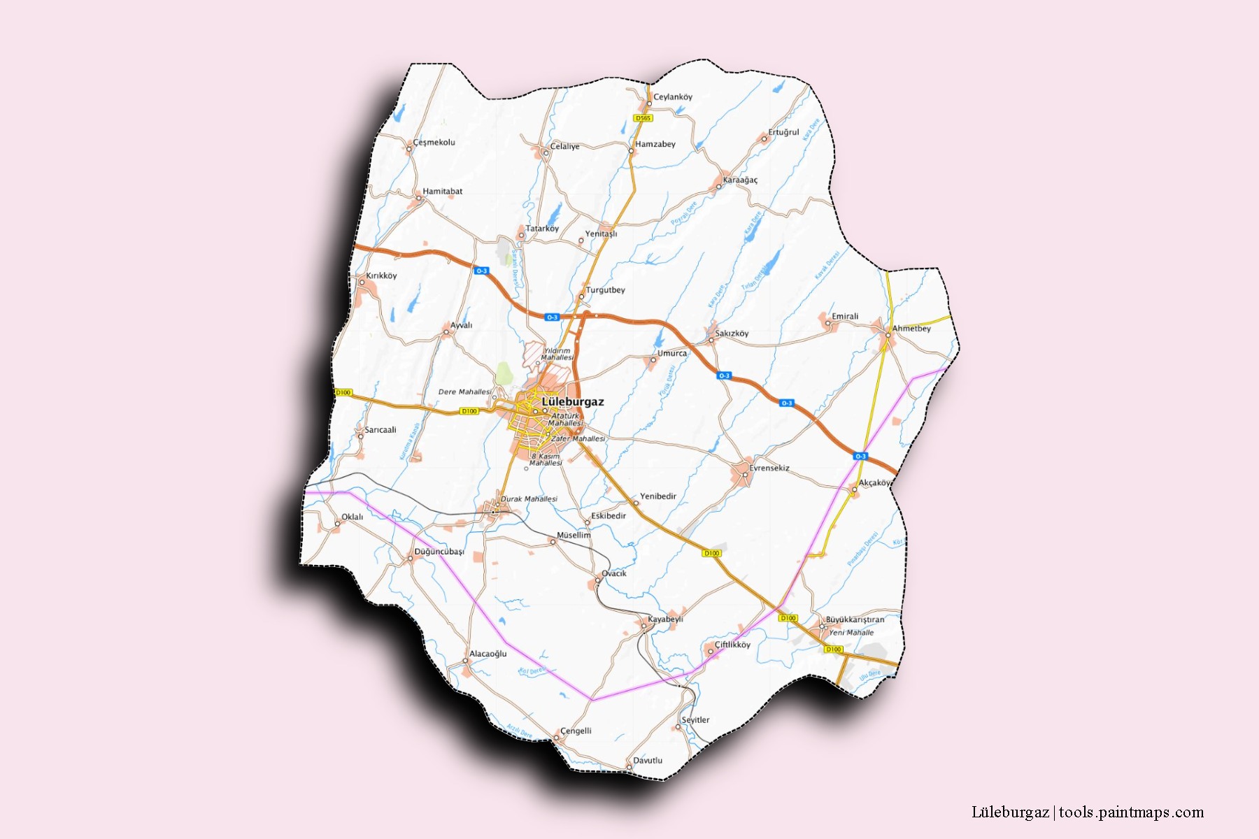 Mapa de barrios y pueblos de Lüleburgaz con efecto de sombra 3D