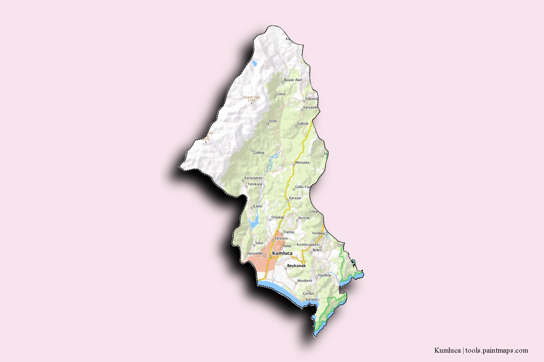 Kumluca neighborhoods and villages map with 3D shadow effect