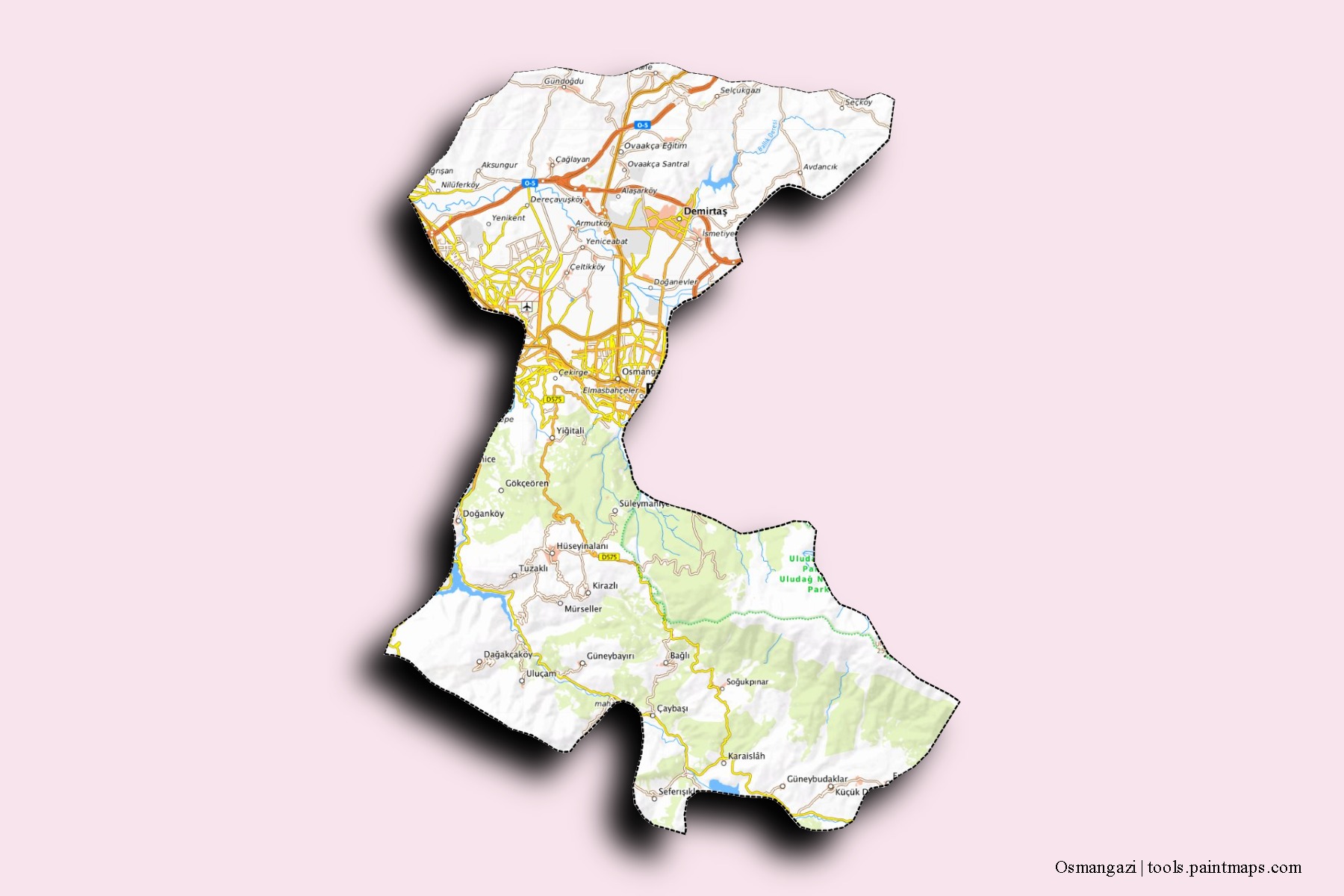 Mapa de barrios y pueblos de Osmangazi con efecto de sombra 3D