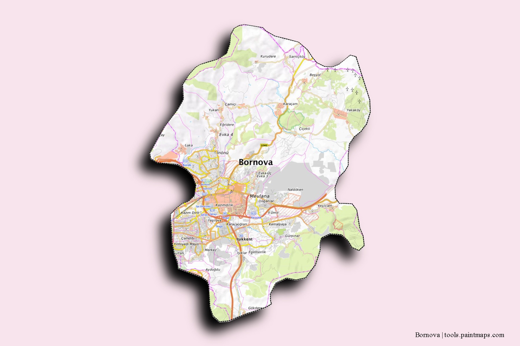 Mapa de barrios y pueblos de Bornova con efecto de sombra 3D