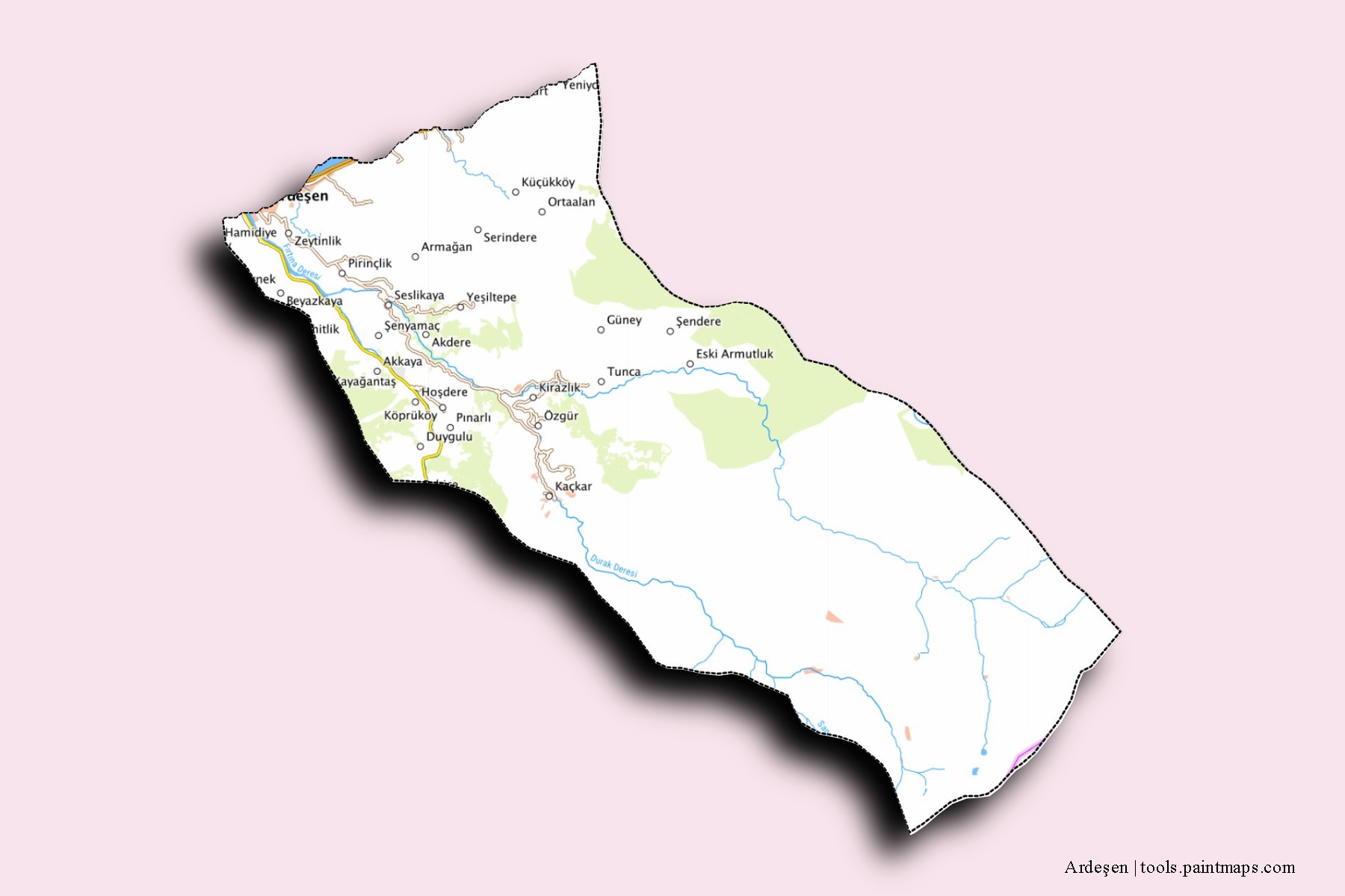 Mapa de barrios y pueblos de Ardeşen con efecto de sombra 3D