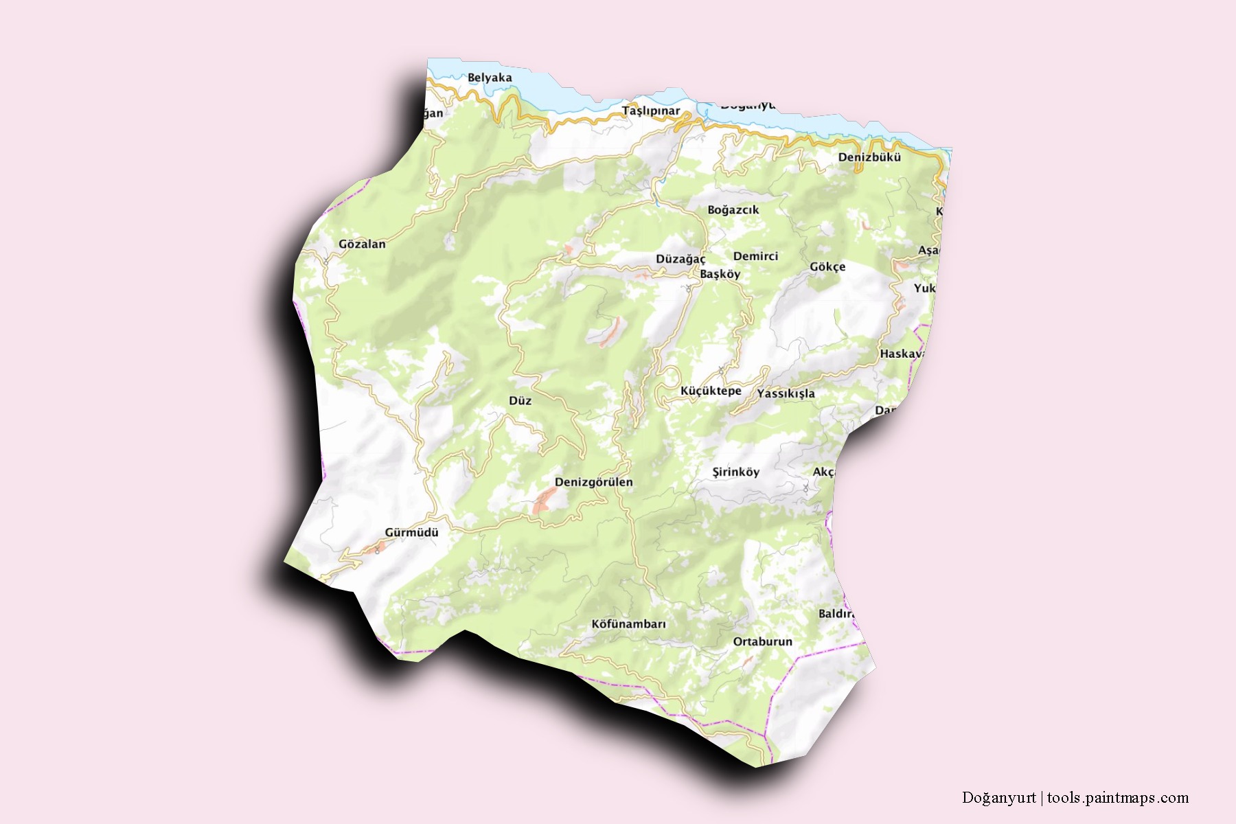 Mapa de barrios y pueblos de Doğanyurt con efecto de sombra 3D