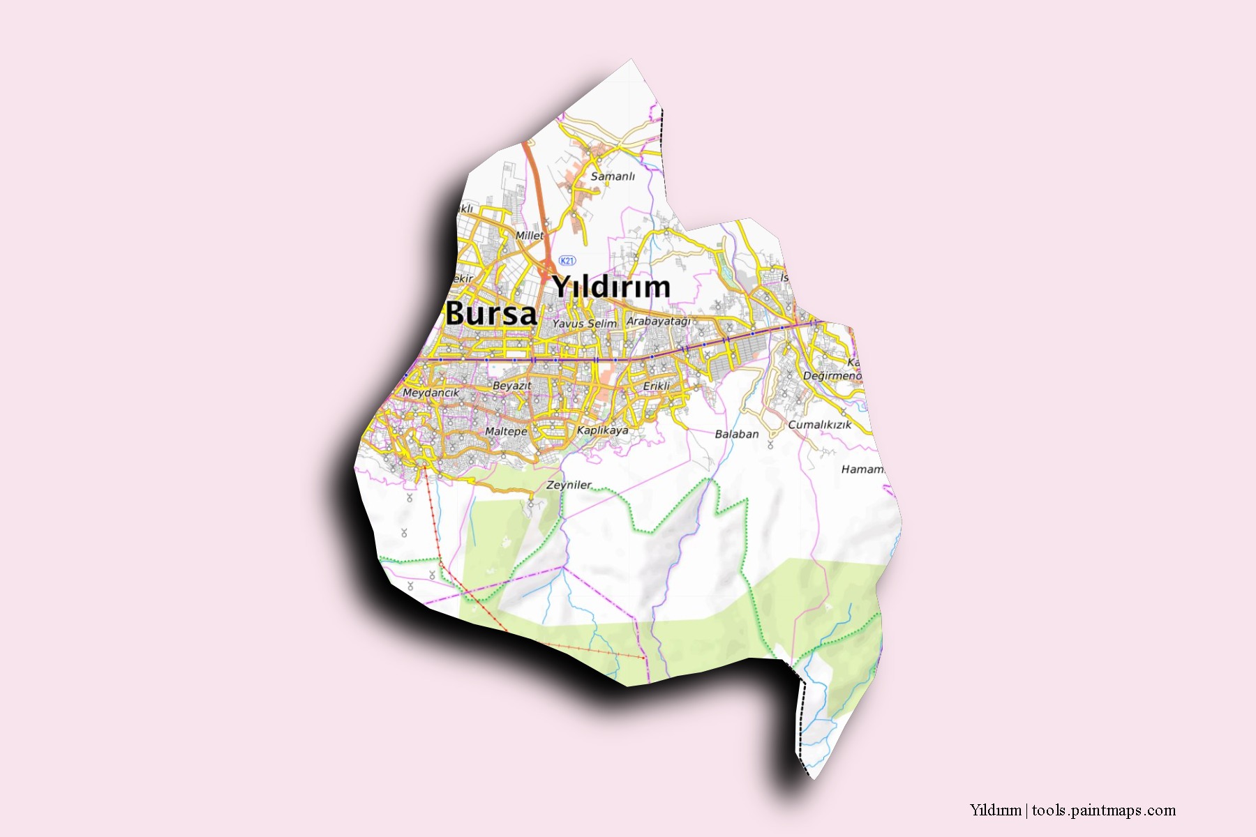 Yildirim neighborhoods and villages map with 3D shadow effect