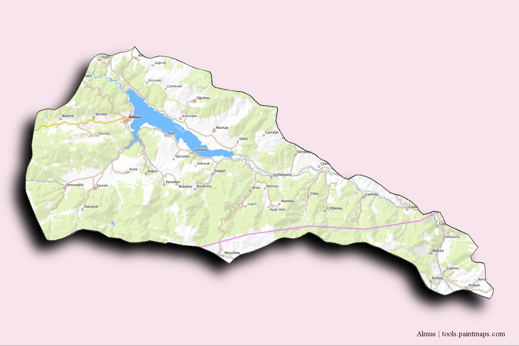 Almus neighborhoods and villages map with 3D shadow effect