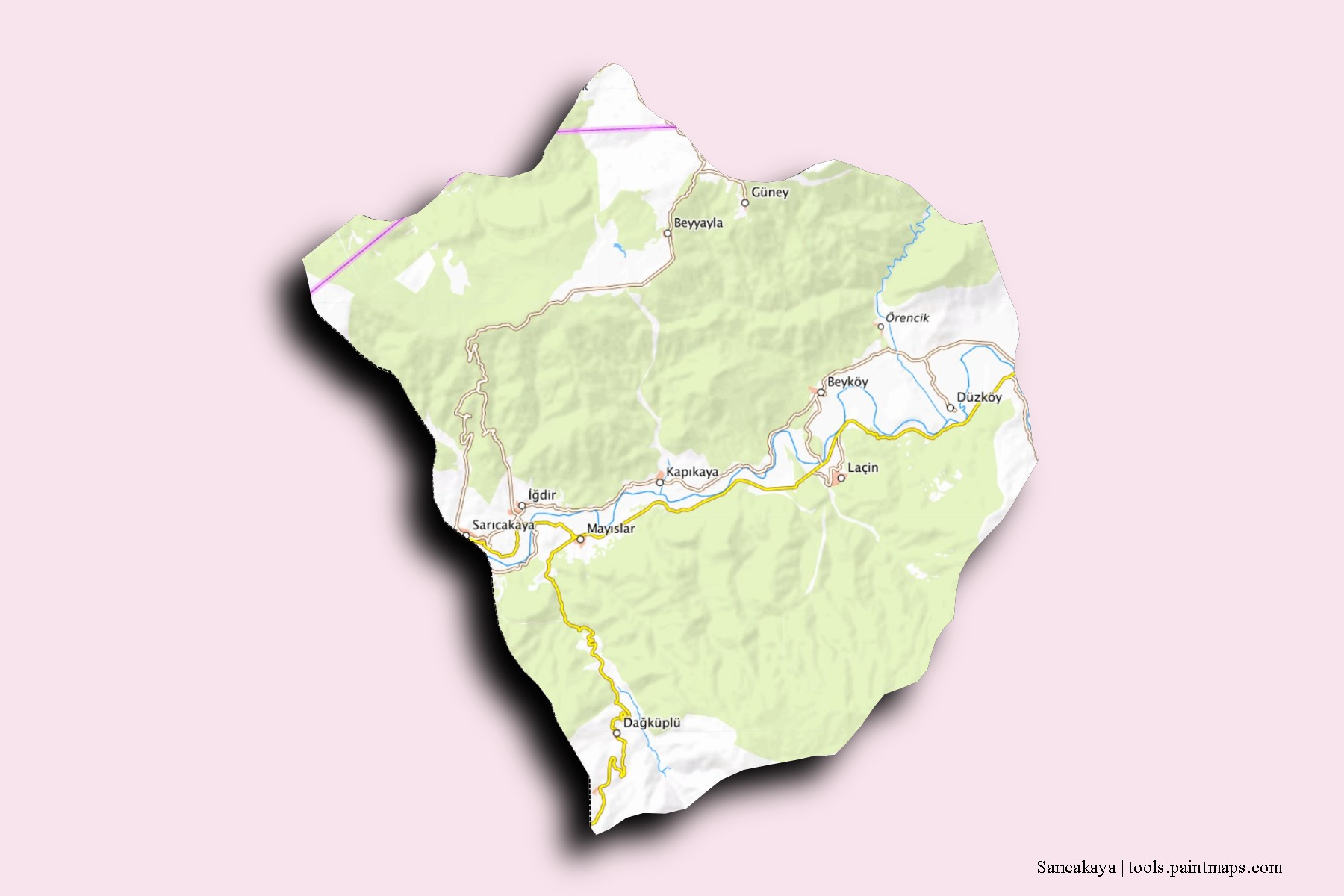 Mapa de barrios y pueblos de Sarıcakaya con efecto de sombra 3D