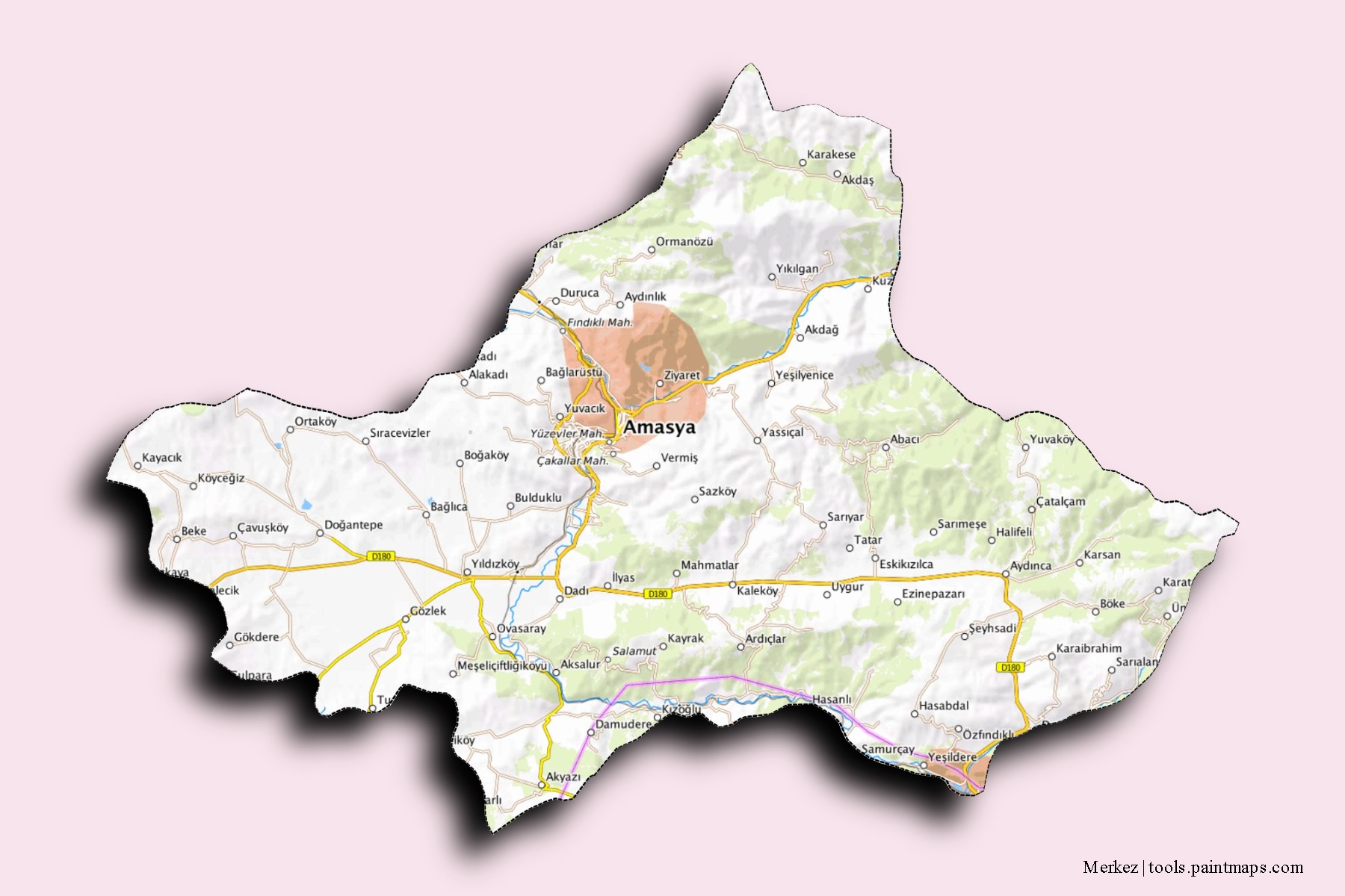 Mapa de barrios y pueblos de Merkez con efecto de sombra 3D