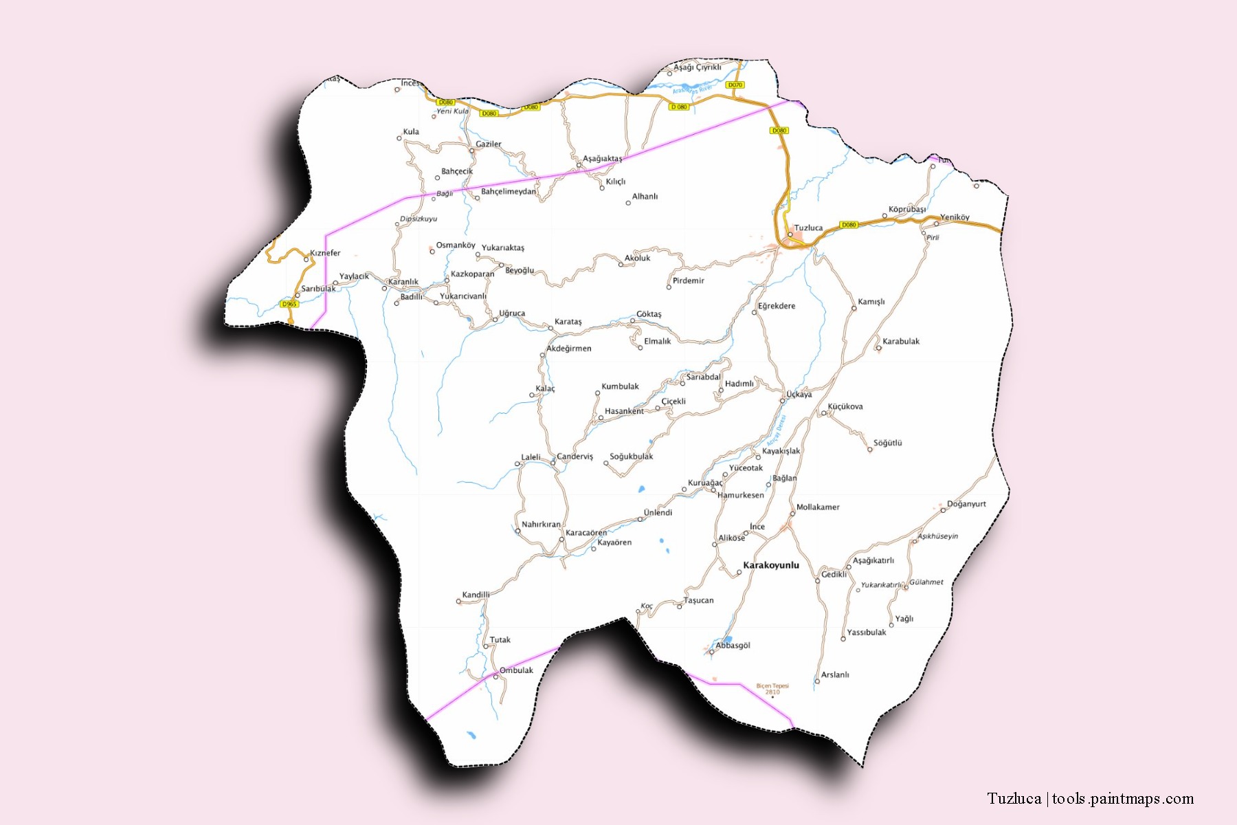 Tuzluca neighborhoods and villages map with 3D shadow effect