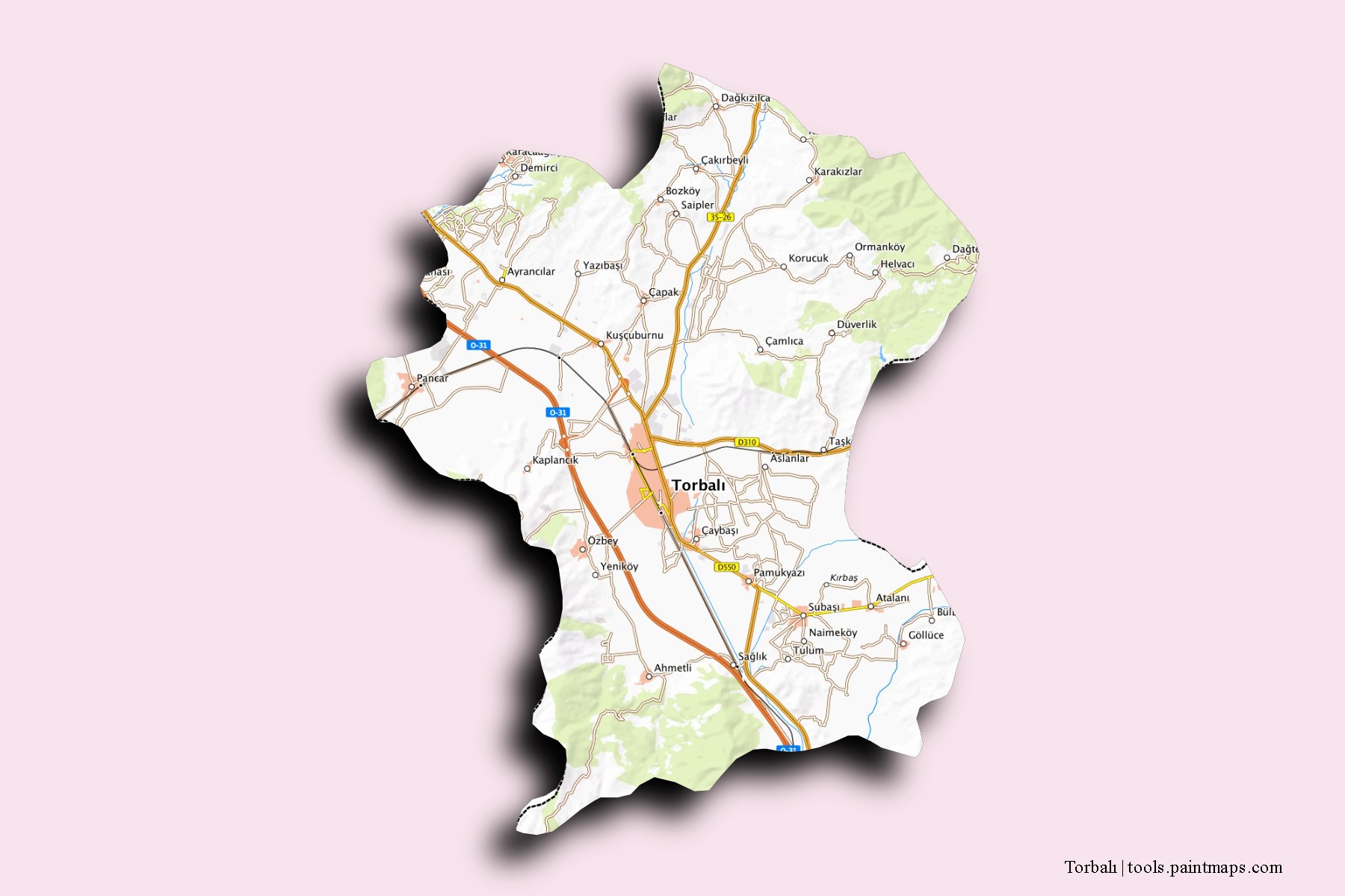 Mapa de barrios y pueblos de Torbalı con efecto de sombra 3D