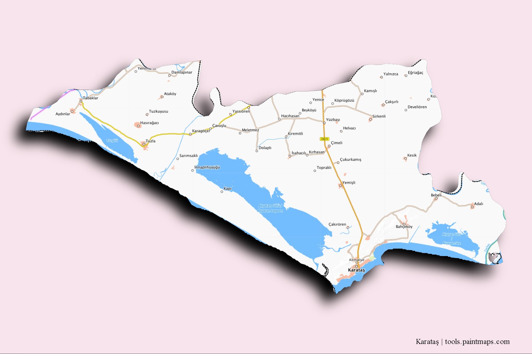 Mapa de barrios y pueblos de Karataş con efecto de sombra 3D