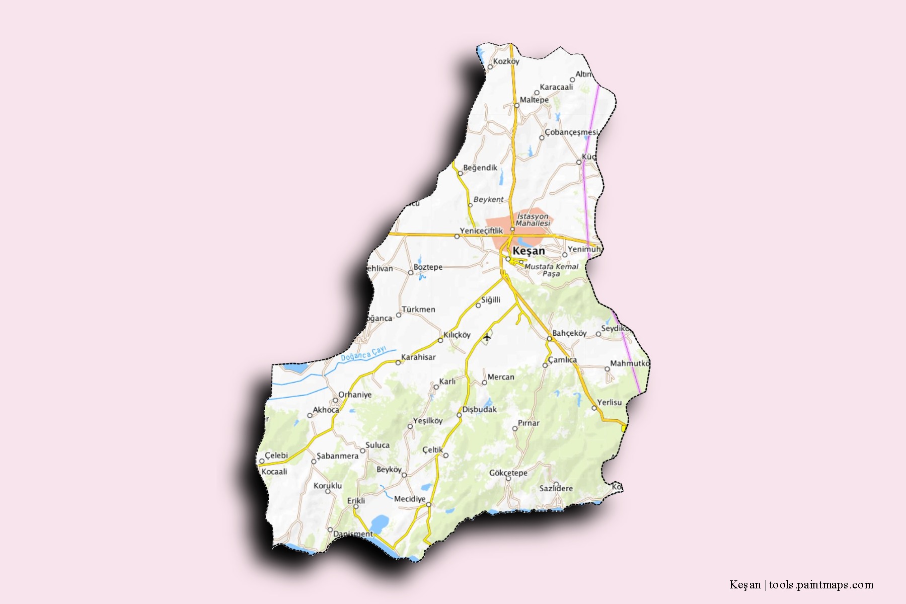 Mapa de barrios y pueblos de Keşan con efecto de sombra 3D