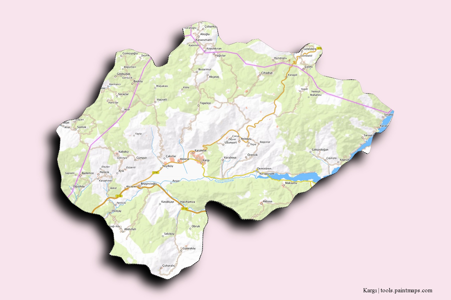 Mapa de barrios y pueblos de Kargı con efecto de sombra 3D