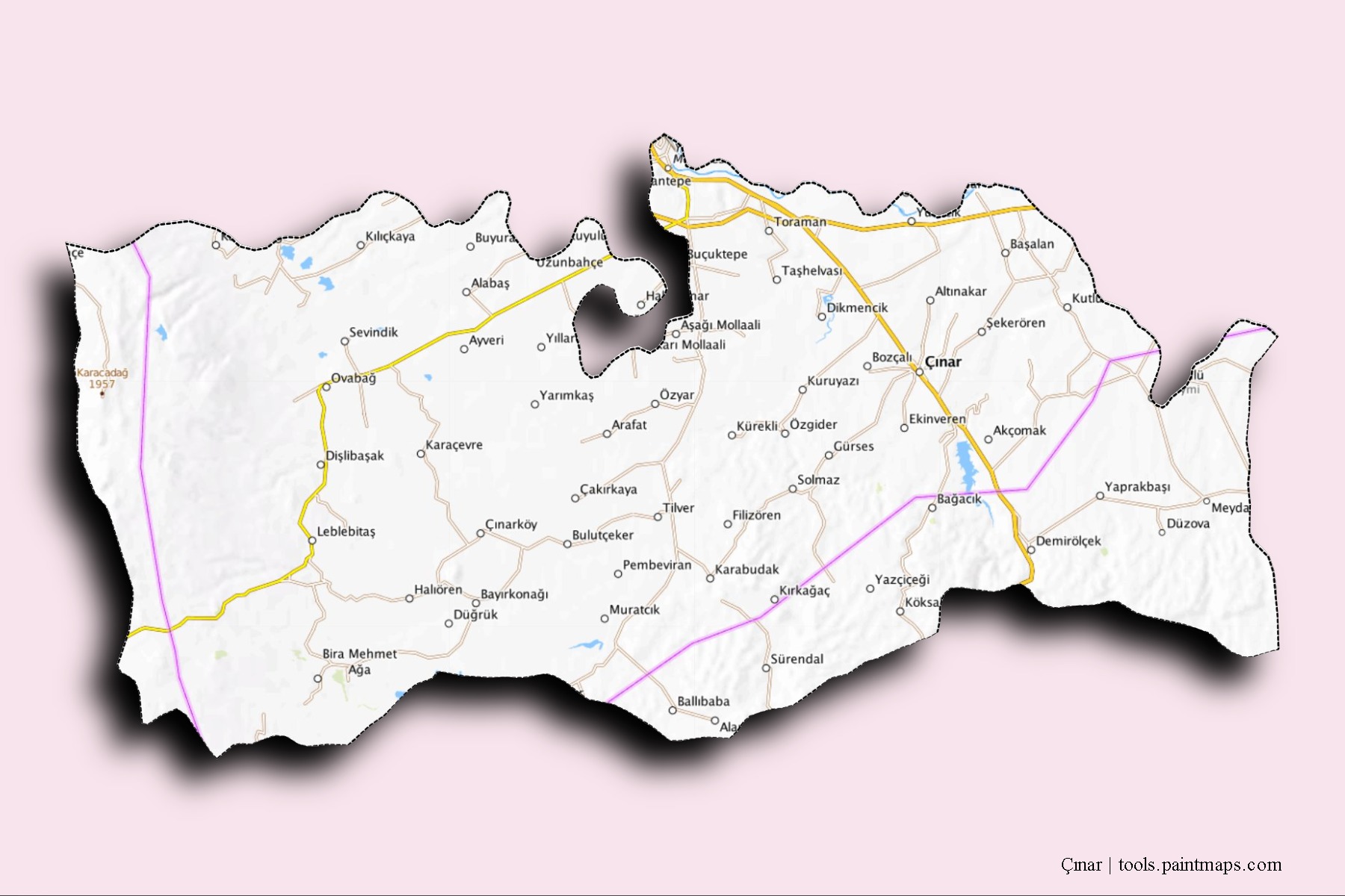 Mapa de barrios y pueblos de Çınar con efecto de sombra 3D