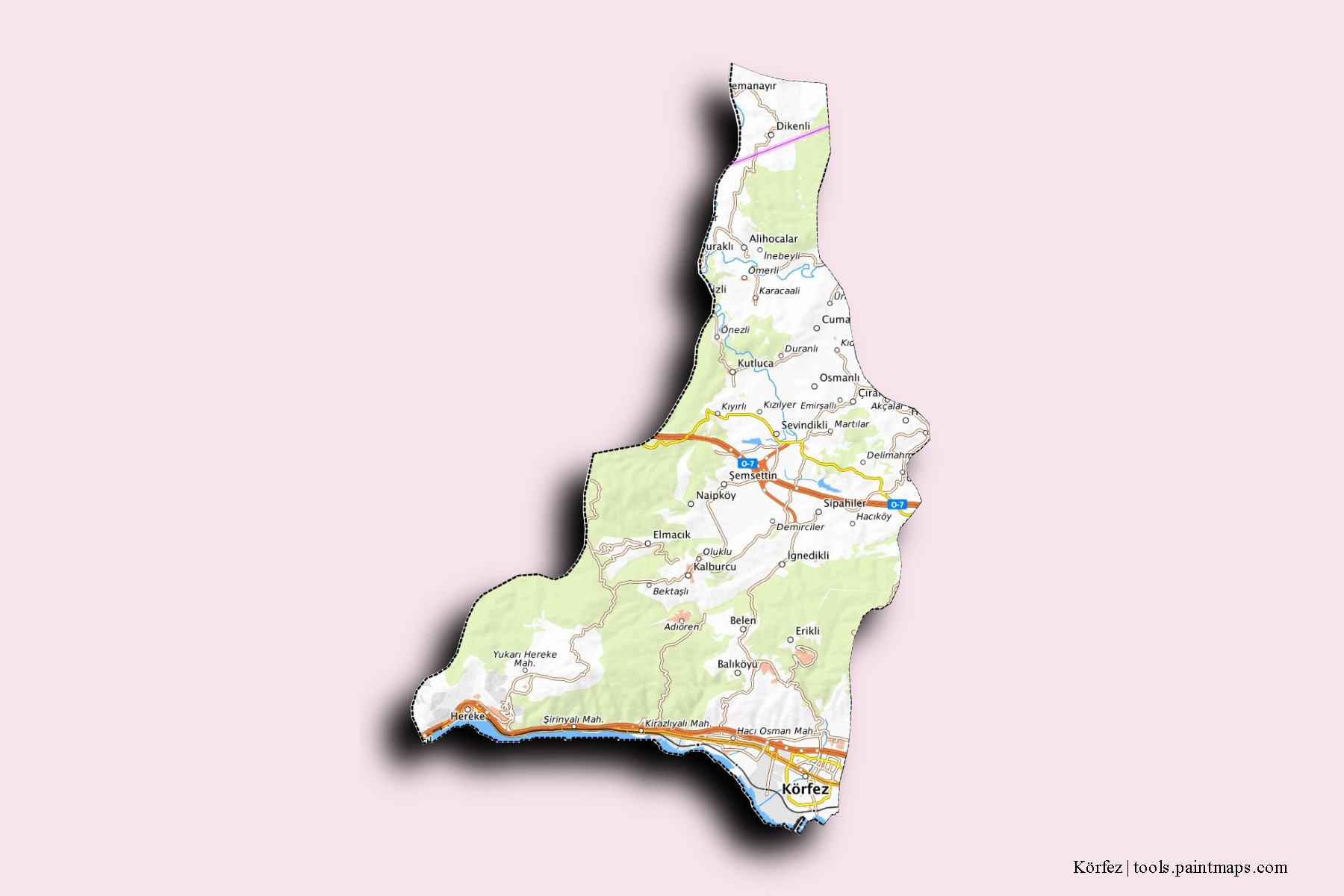 Mapa de barrios y pueblos de Körfez con efecto de sombra 3D