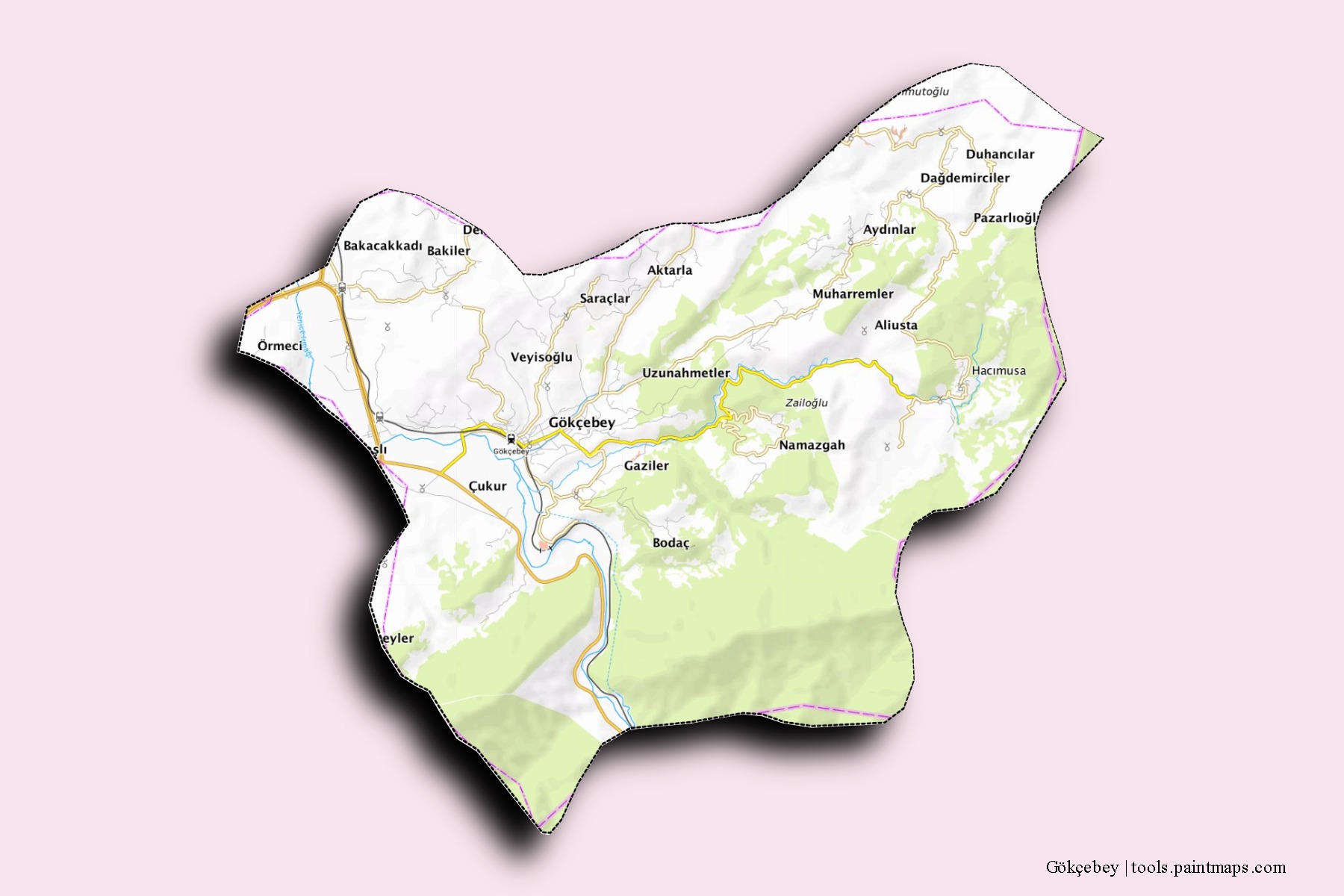 Gökçebey neighborhoods and villages map with 3D shadow effect