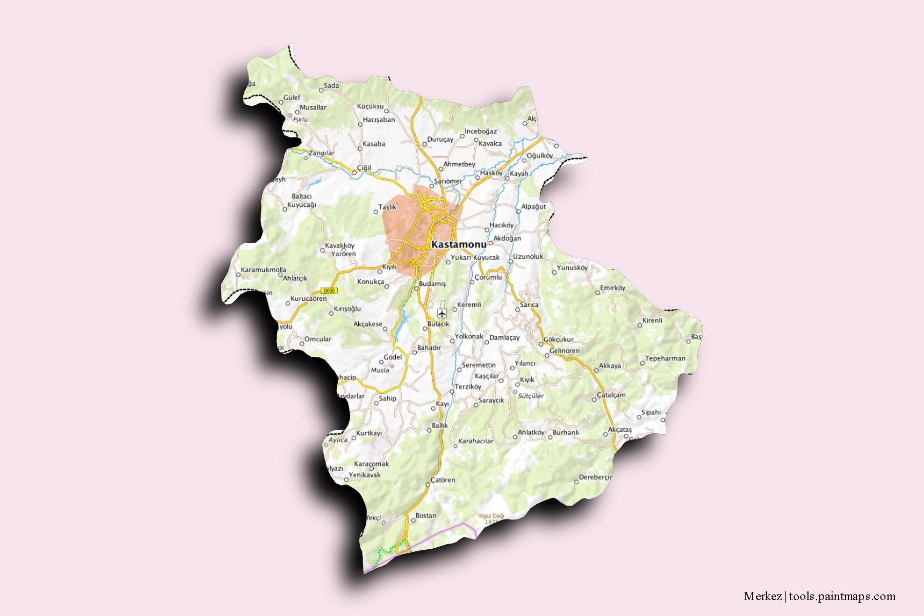 Mapa de barrios y pueblos de Merkez con efecto de sombra 3D