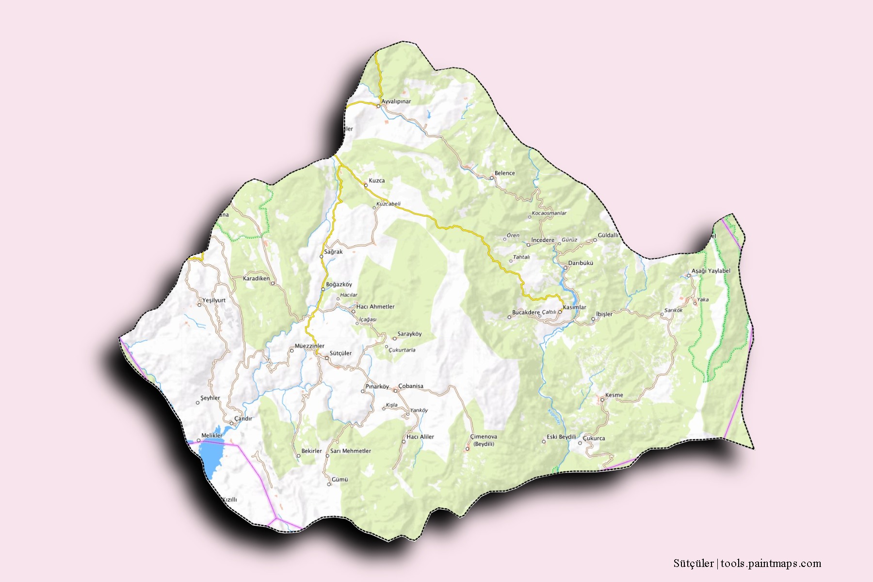 Mapa de barrios y pueblos de Sütçüler con efecto de sombra 3D