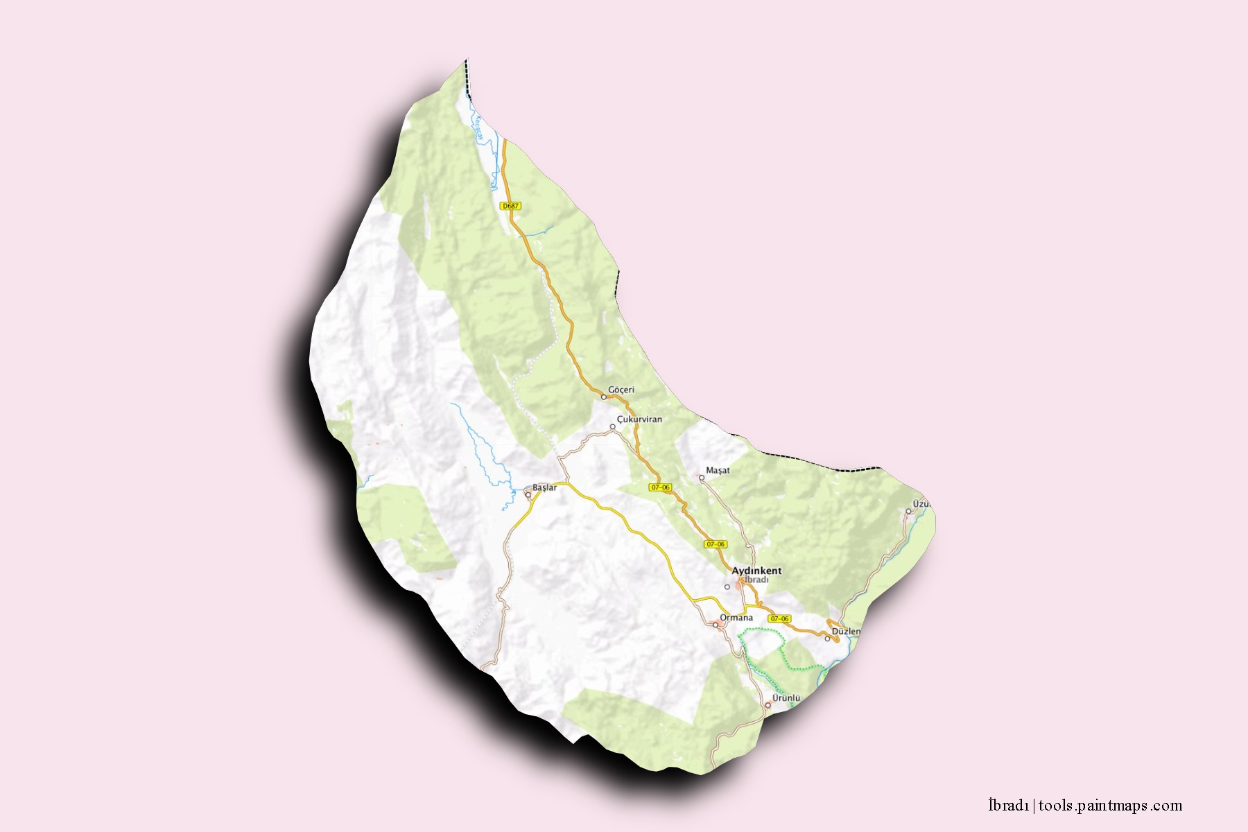 Mapa de barrios y pueblos de İbradı con efecto de sombra 3D