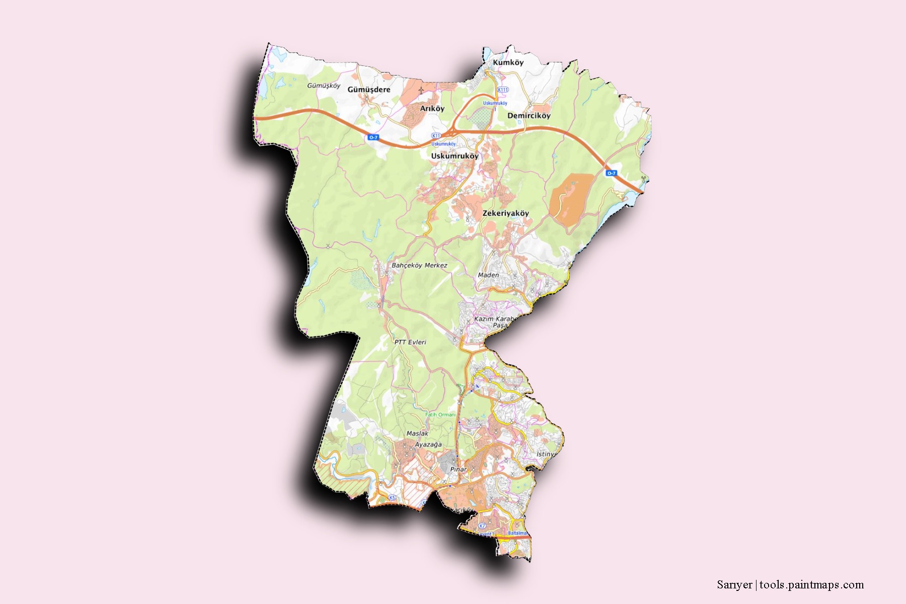 Mapa de barrios y pueblos de Sarıyer con efecto de sombra 3D