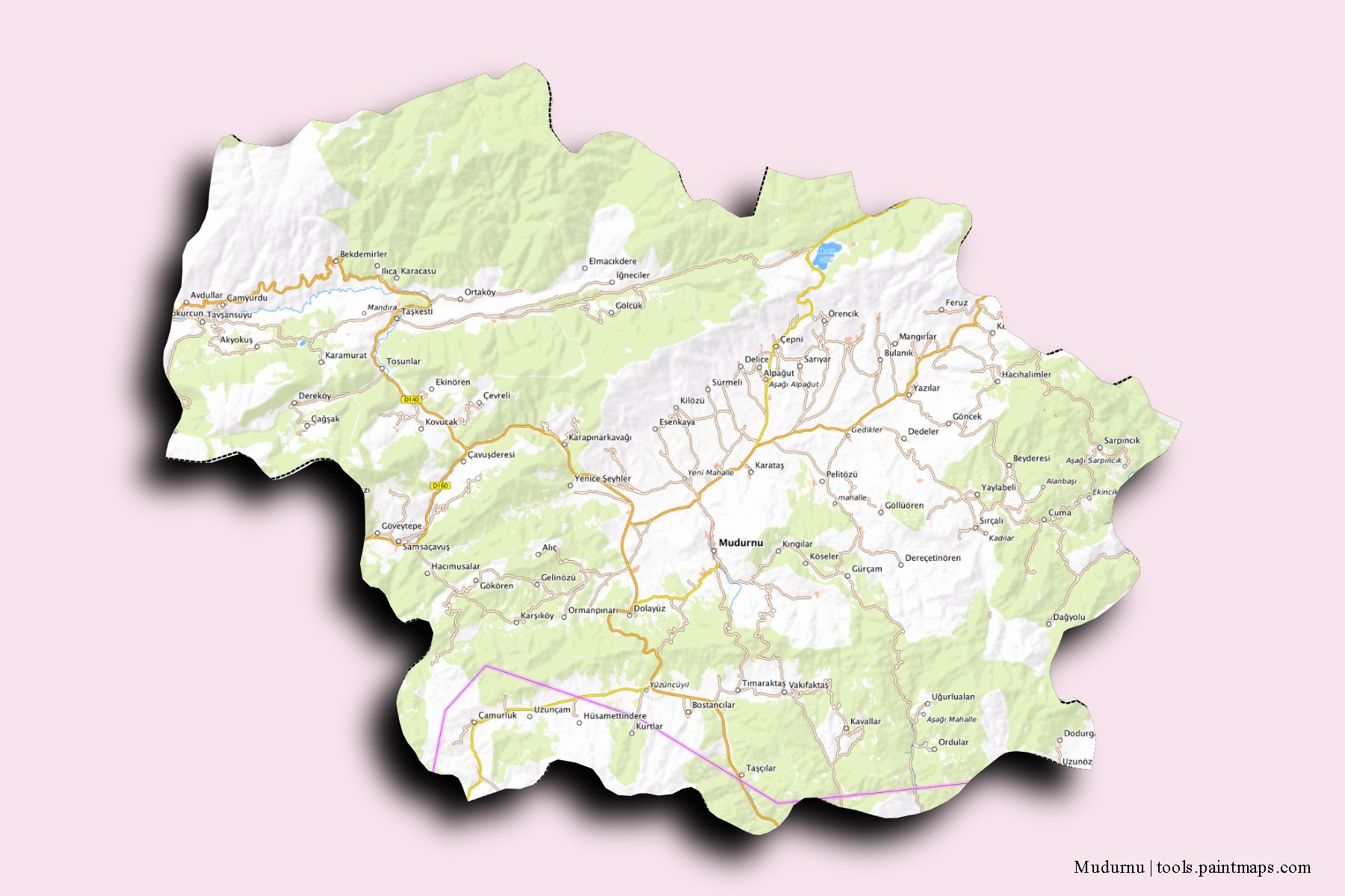 Mapa de barrios y pueblos de Mudurnu con efecto de sombra 3D