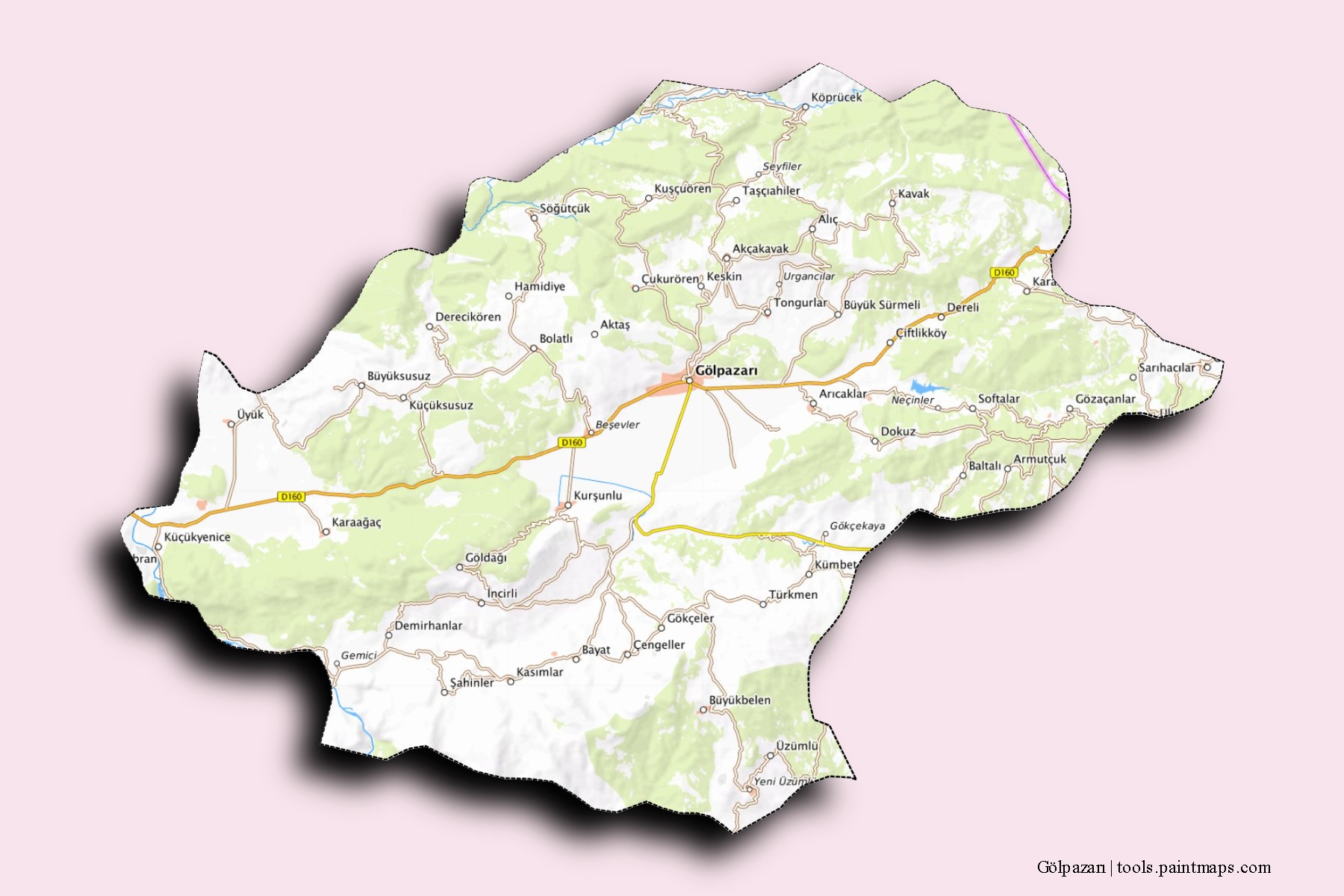 Mapa de barrios y pueblos de Gölpazarı con efecto de sombra 3D