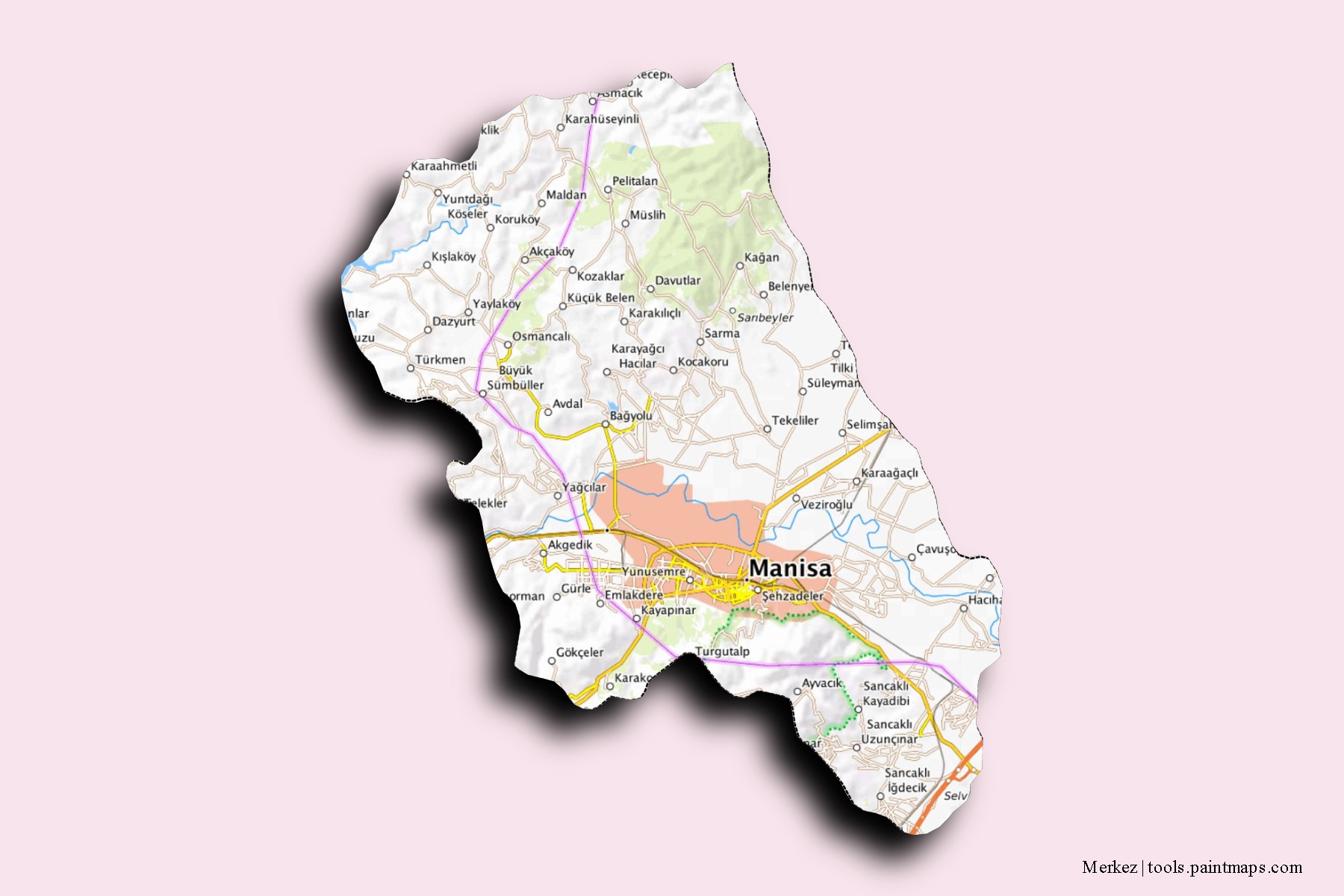 Mapa de barrios y pueblos de Merkez con efecto de sombra 3D