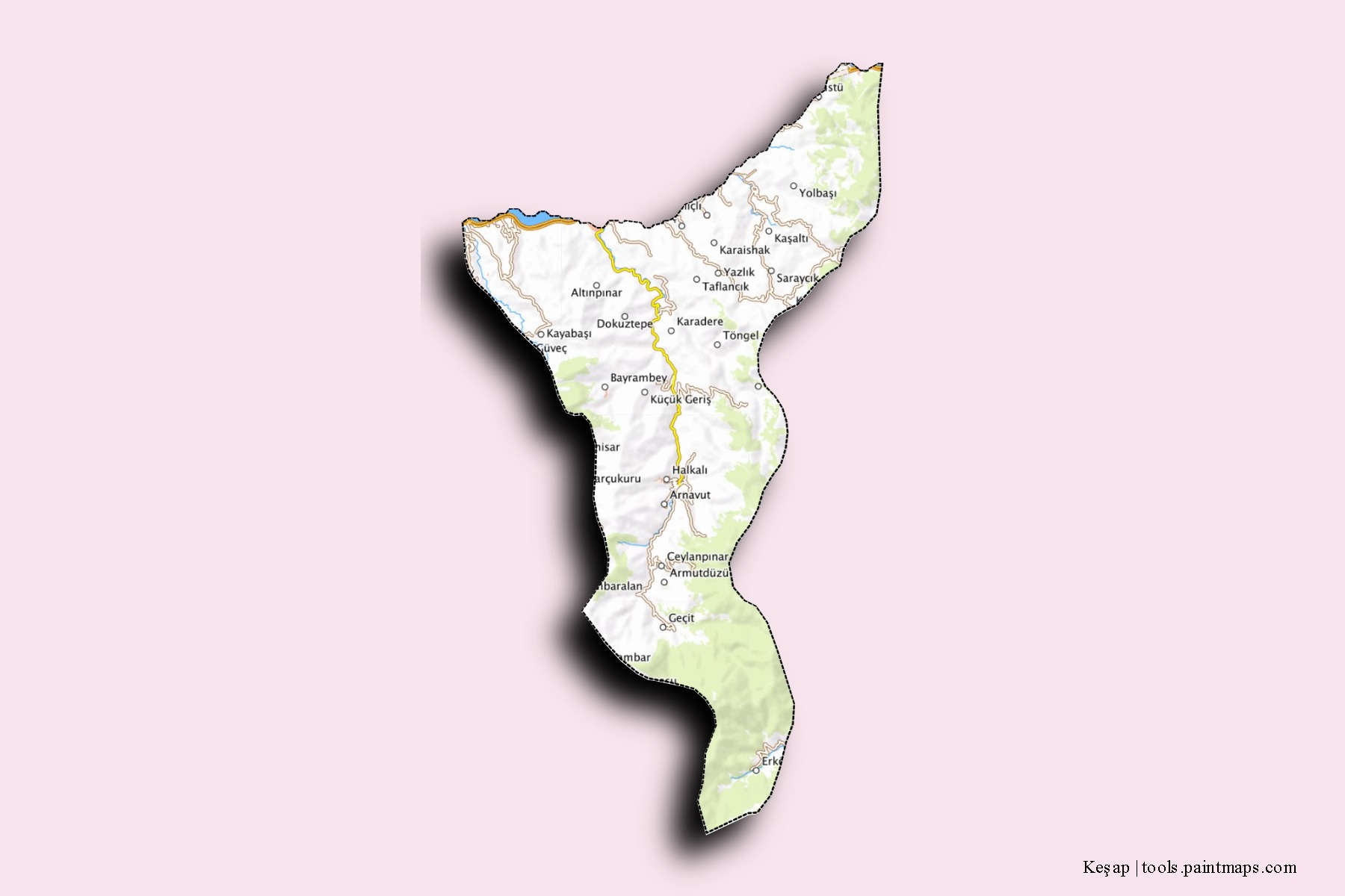 Mapa de barrios y pueblos de Keşap con efecto de sombra 3D