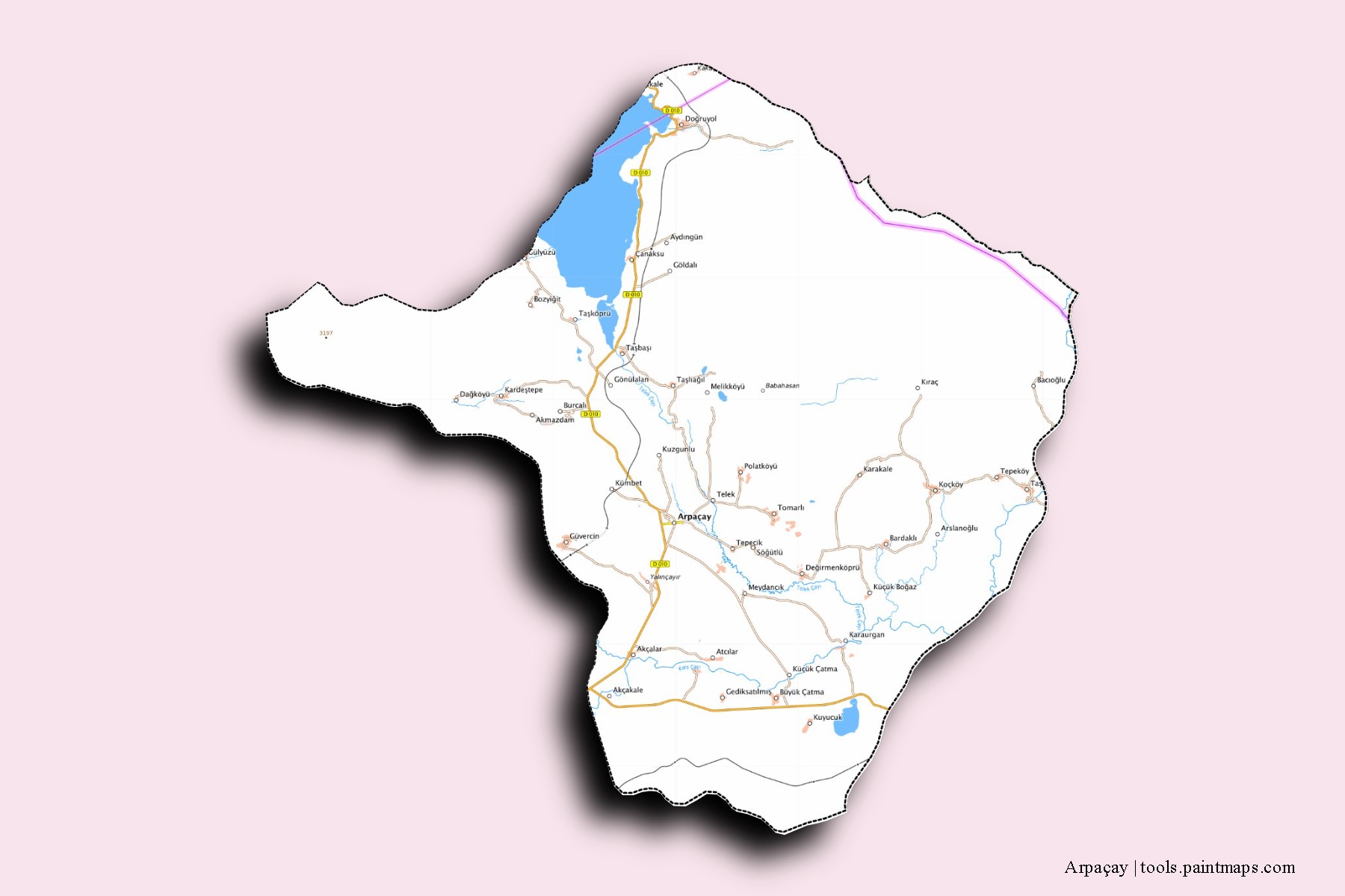 Mapa de barrios y pueblos de Arpaçay con efecto de sombra 3D