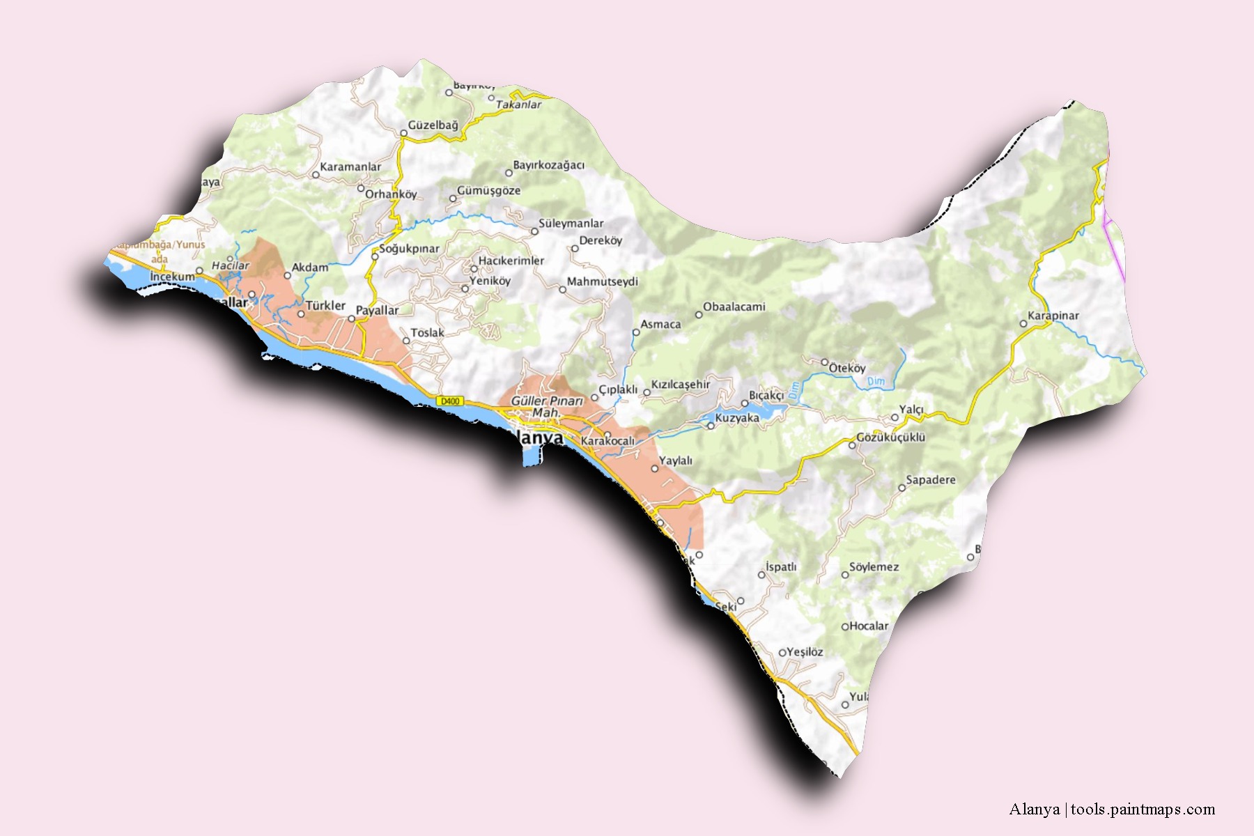 Mapa de barrios y pueblos de Alanya con efecto de sombra 3D