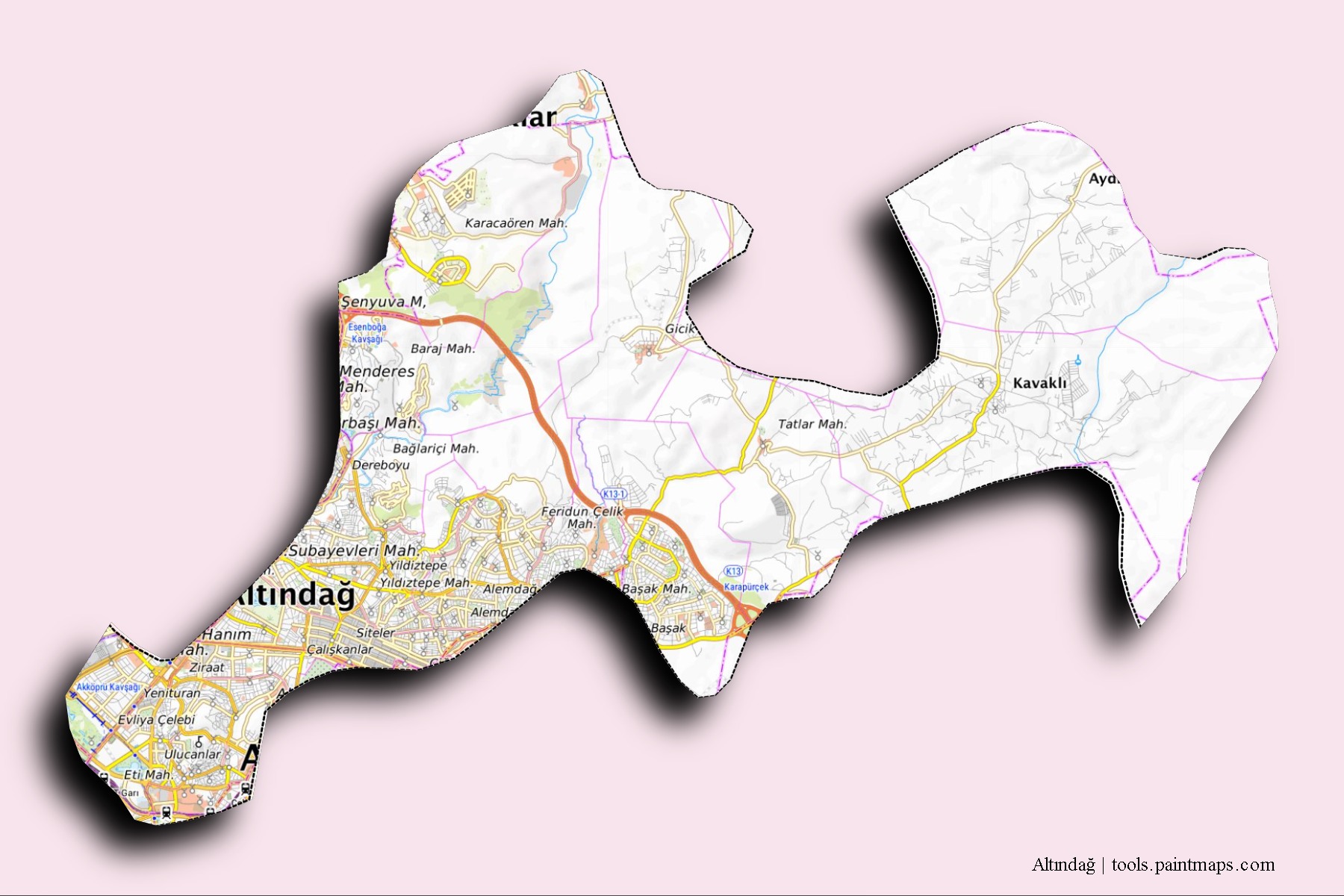 Mapa de barrios y pueblos de Altındağ con efecto de sombra 3D