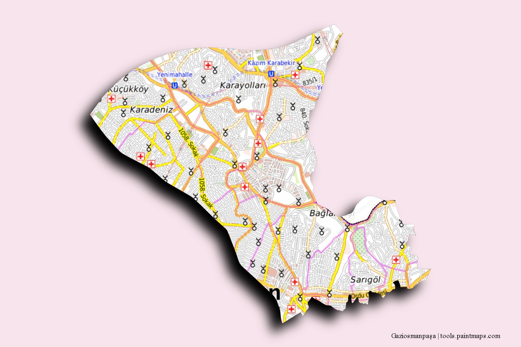 Mapa de barrios y pueblos de Gaziosmanpaşa con efecto de sombra 3D