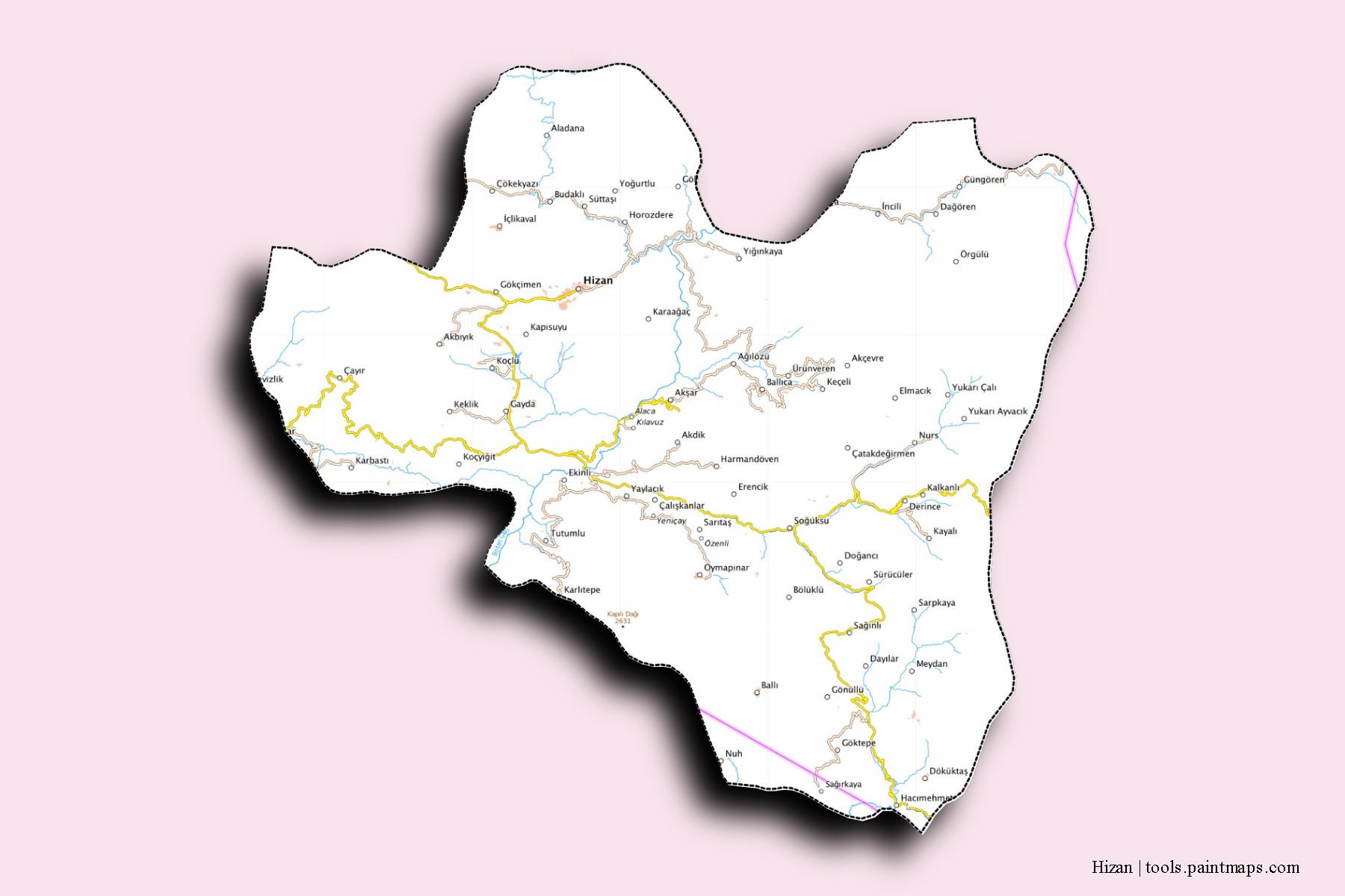 Mapa de barrios y pueblos de Hizan con efecto de sombra 3D