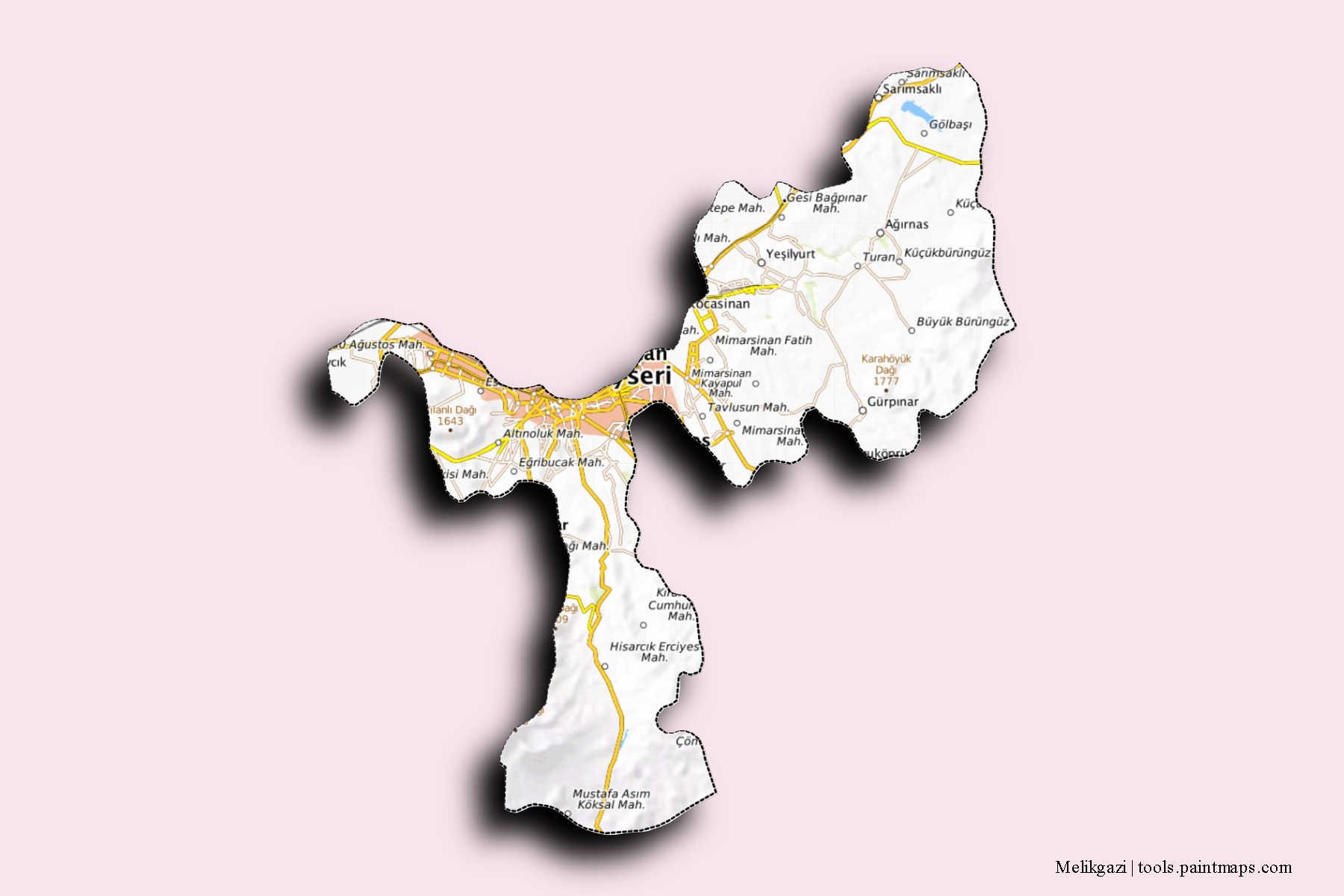 3D gölge efektli Melikgazi mahalleleri ve köyleri haritası