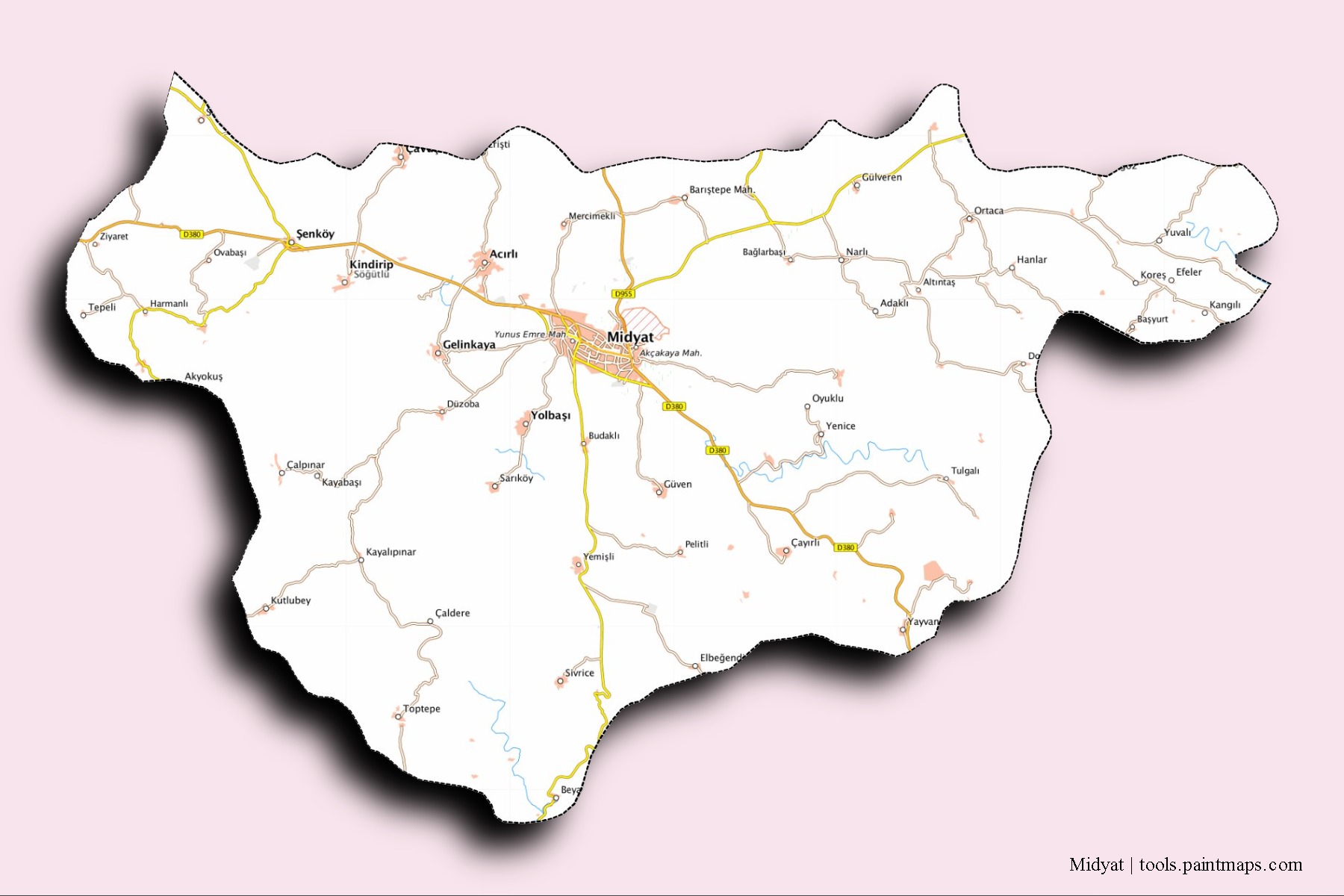 Midyat neighborhoods and villages map with 3D shadow effect