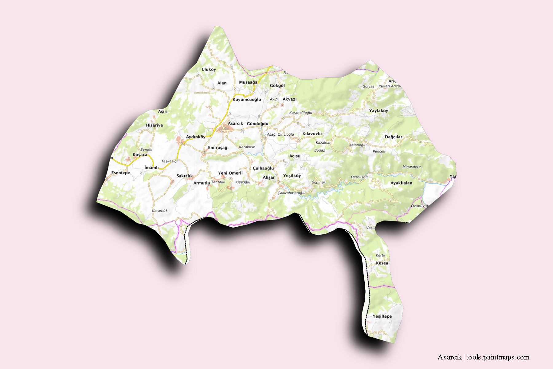 Mapa de barrios y pueblos de Asarcık con efecto de sombra 3D