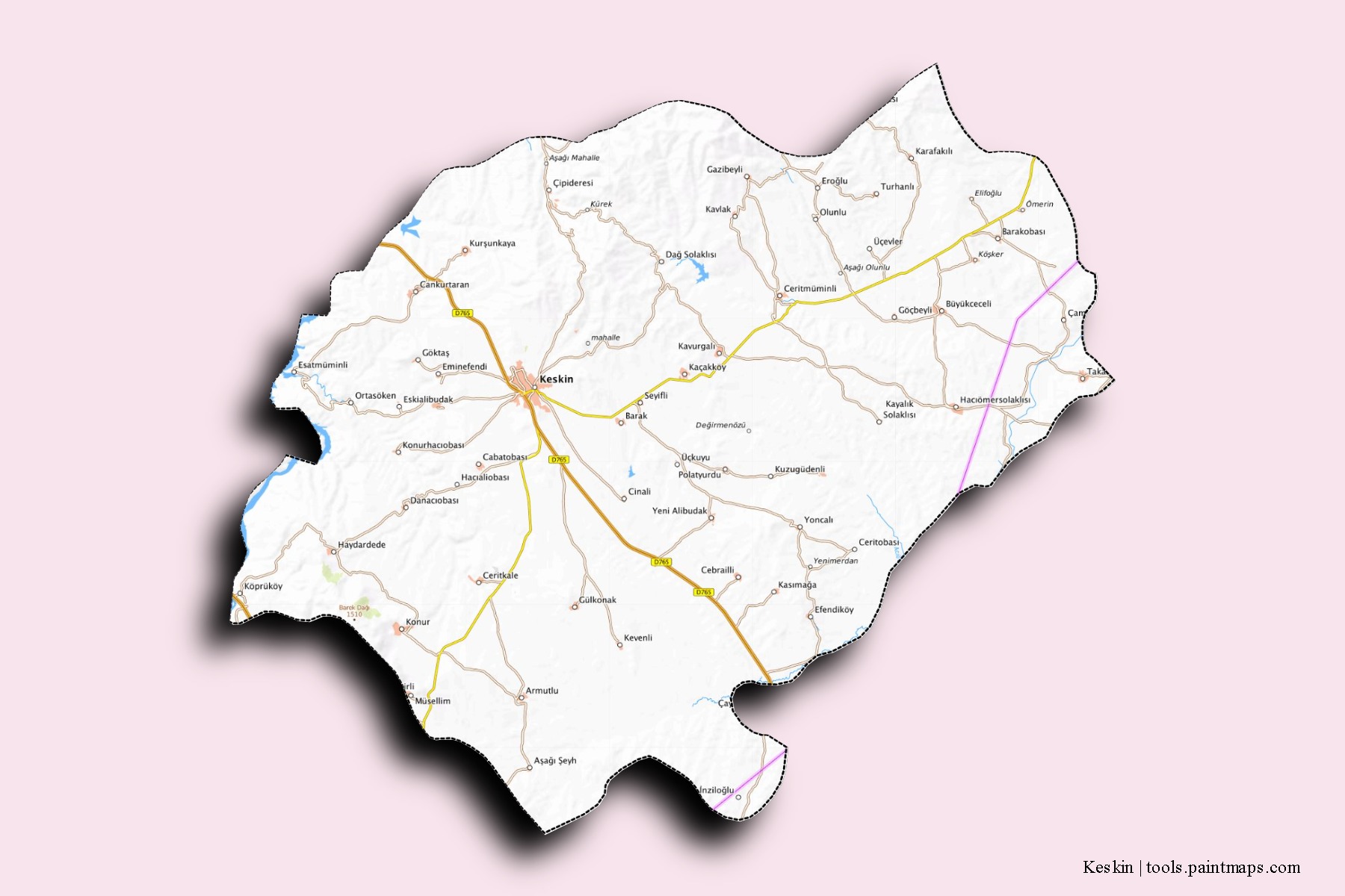 Mapa de barrios y pueblos de Keskin con efecto de sombra 3D