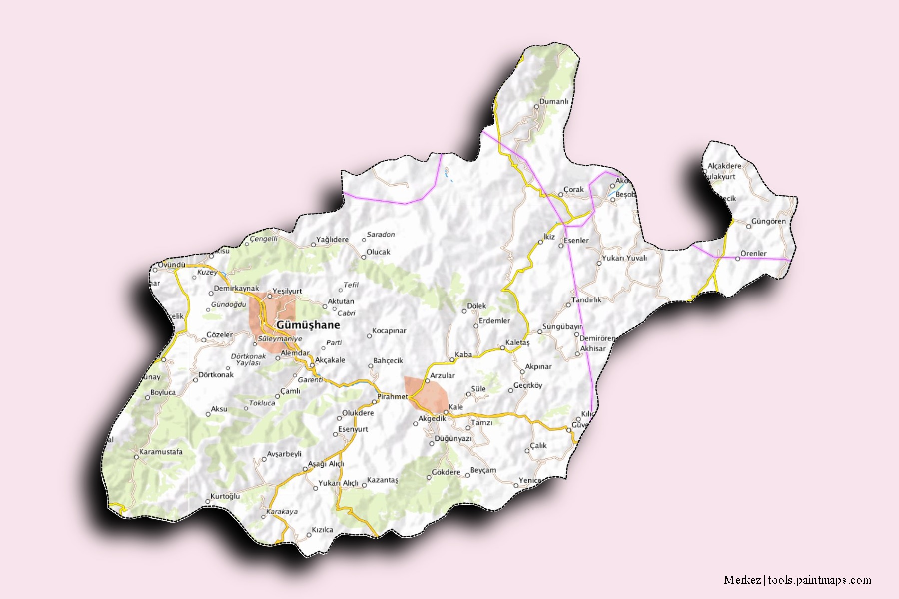 Mapa de barrios y pueblos de Merkez con efecto de sombra 3D