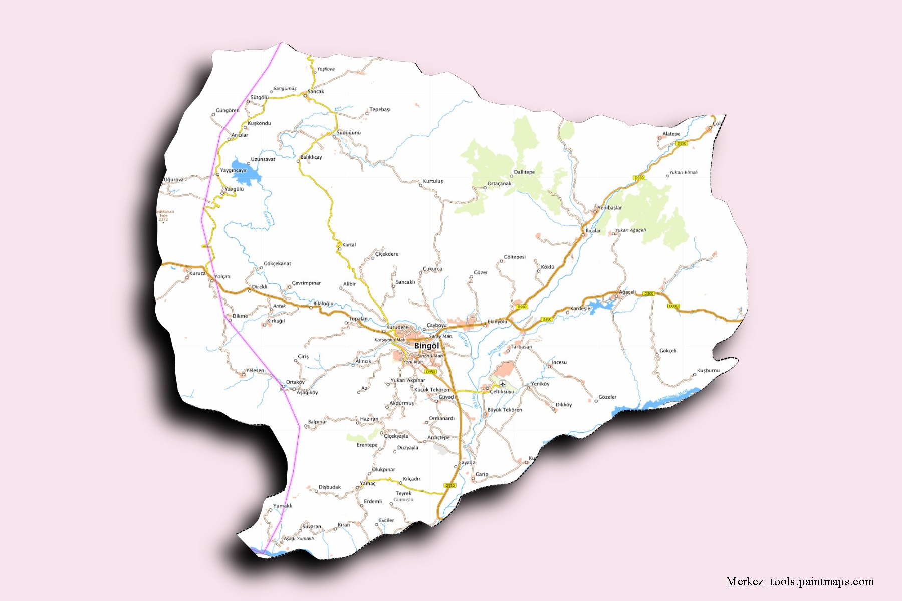 Mapa de barrios y pueblos de Merkez con efecto de sombra 3D