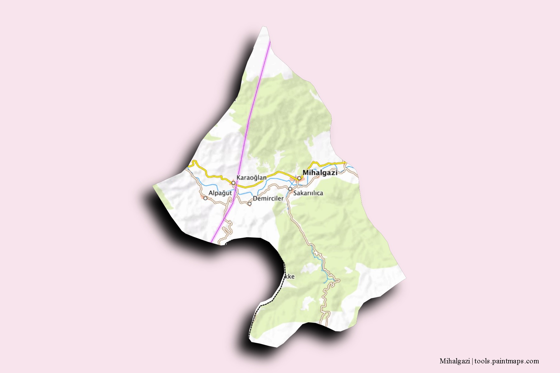 Mapa de barrios y pueblos de Mihalgazi con efecto de sombra 3D