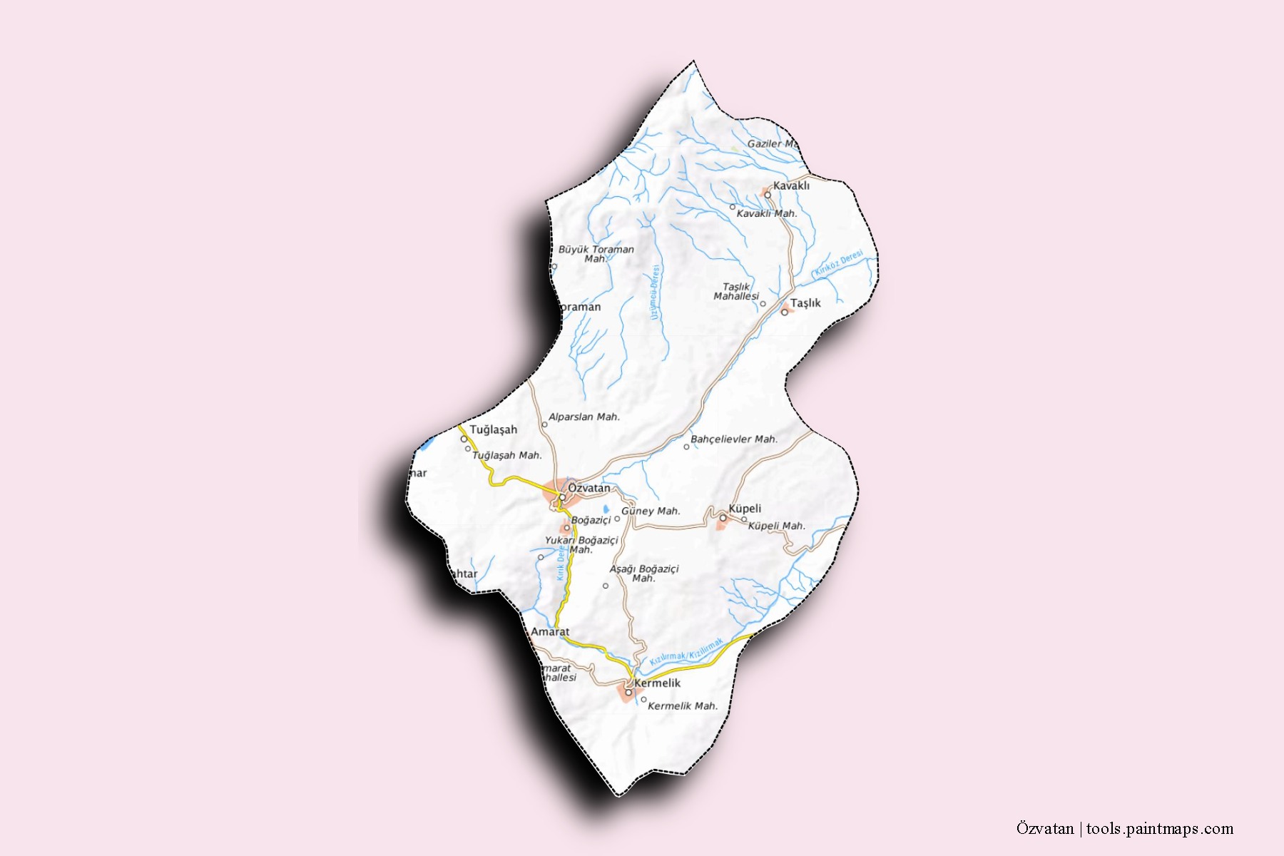 Mapa de barrios y pueblos de Özvatan con efecto de sombra 3D