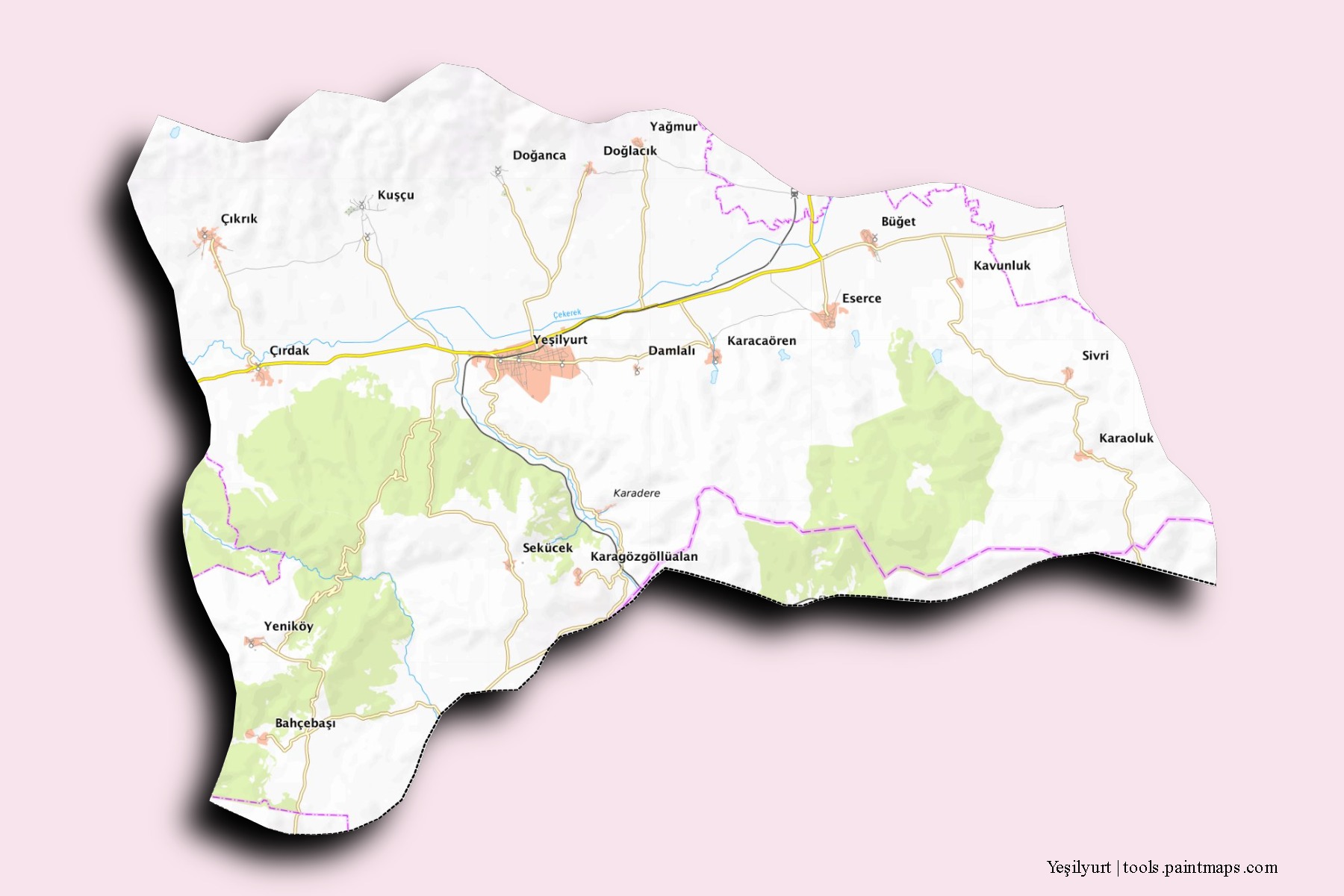 Mapa de barrios y pueblos de Yeşilyurt con efecto de sombra 3D