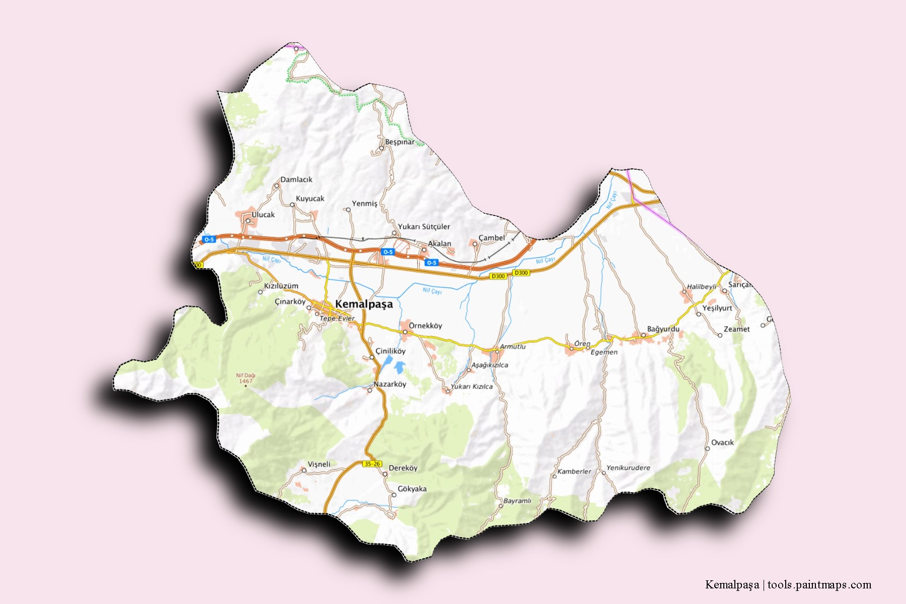 Kemalpasa neighborhoods and villages map with 3D shadow effect