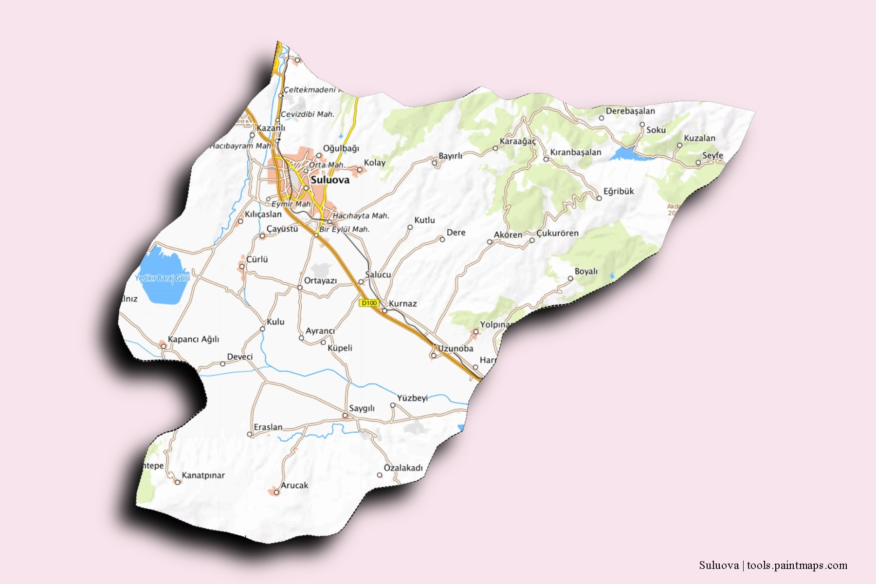 Mapa de barrios y pueblos de Suluova con efecto de sombra 3D