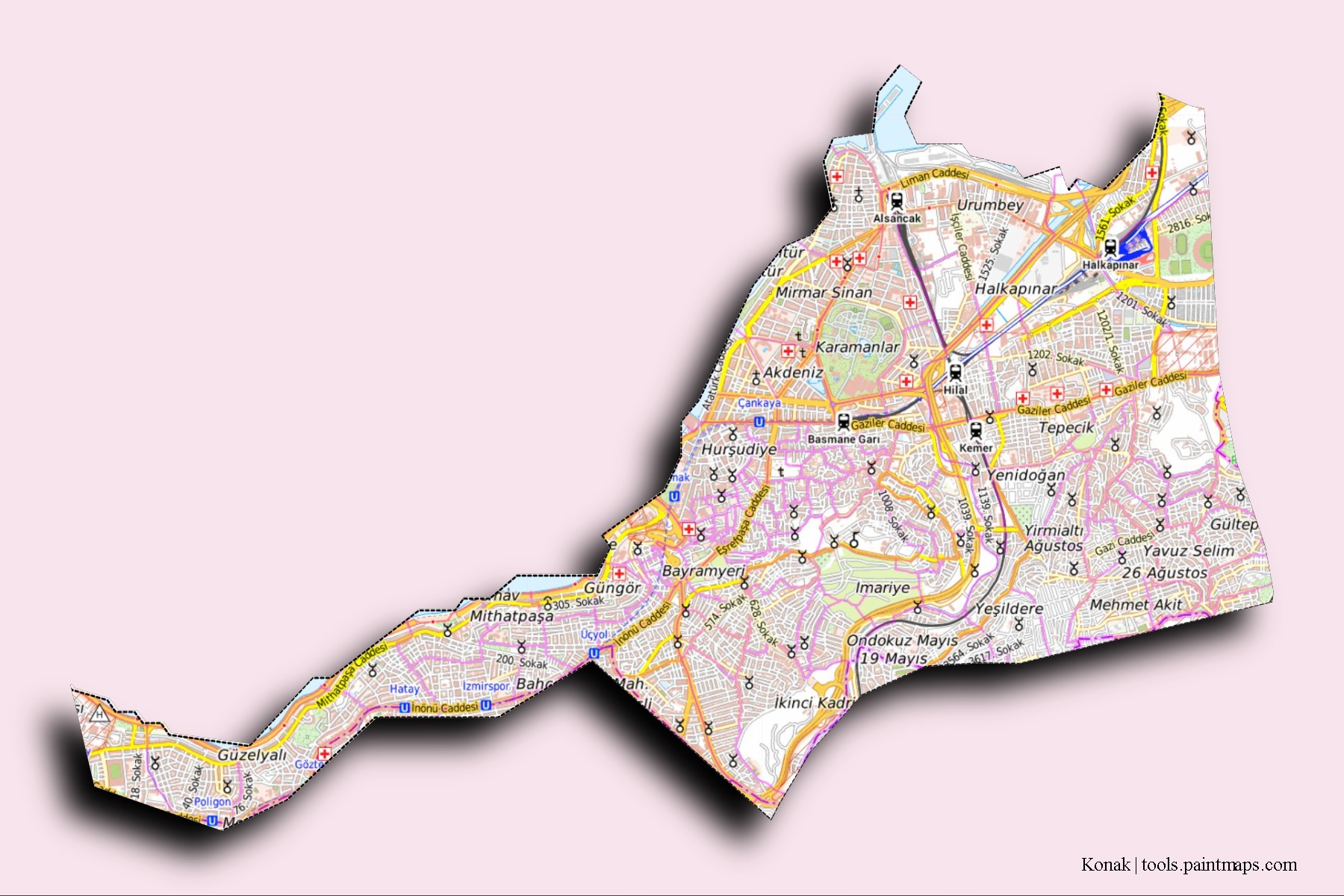 Mapa de barrios y pueblos de Konak con efecto de sombra 3D