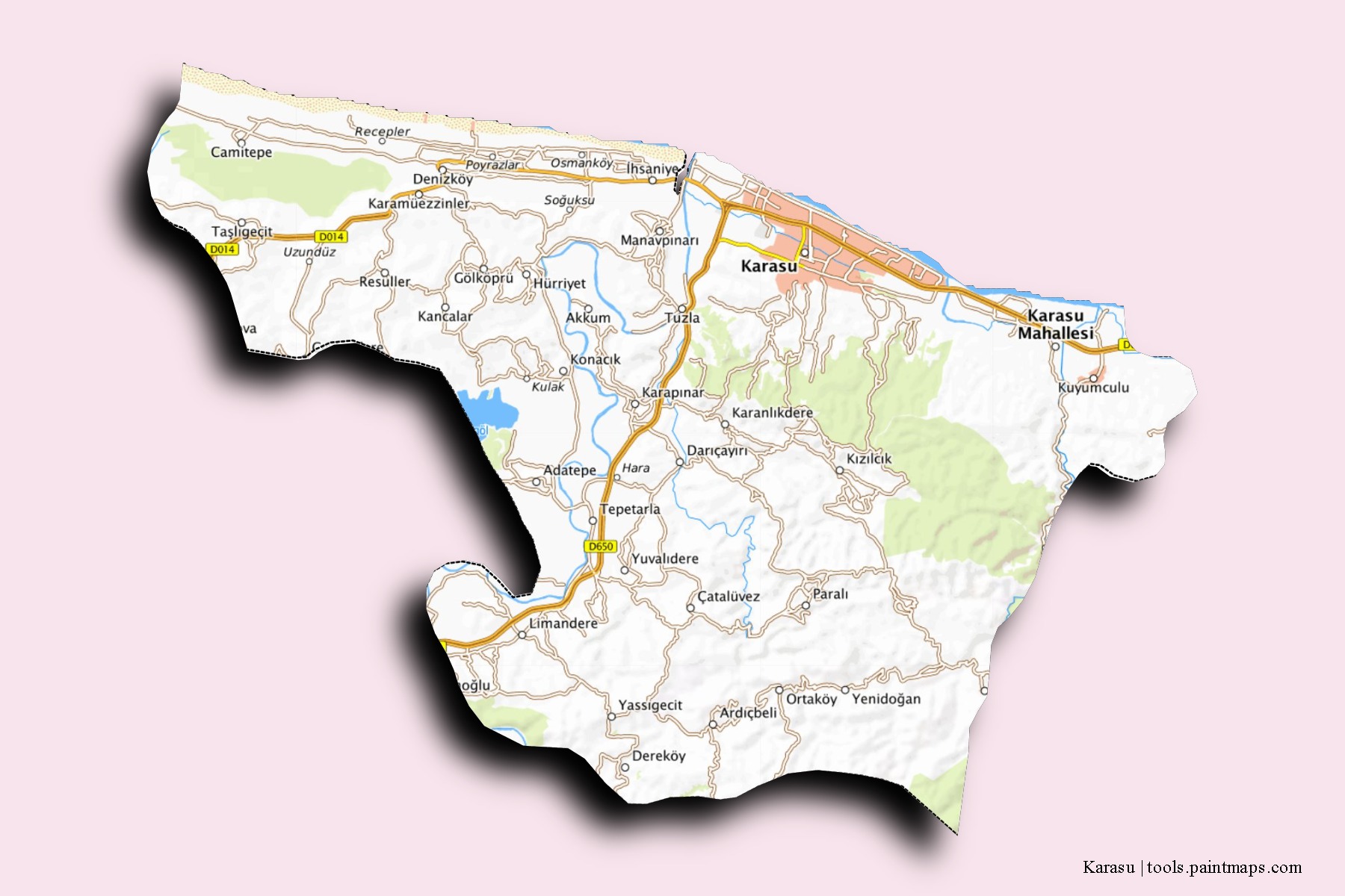 Mapa de barrios y pueblos de Karasu con efecto de sombra 3D