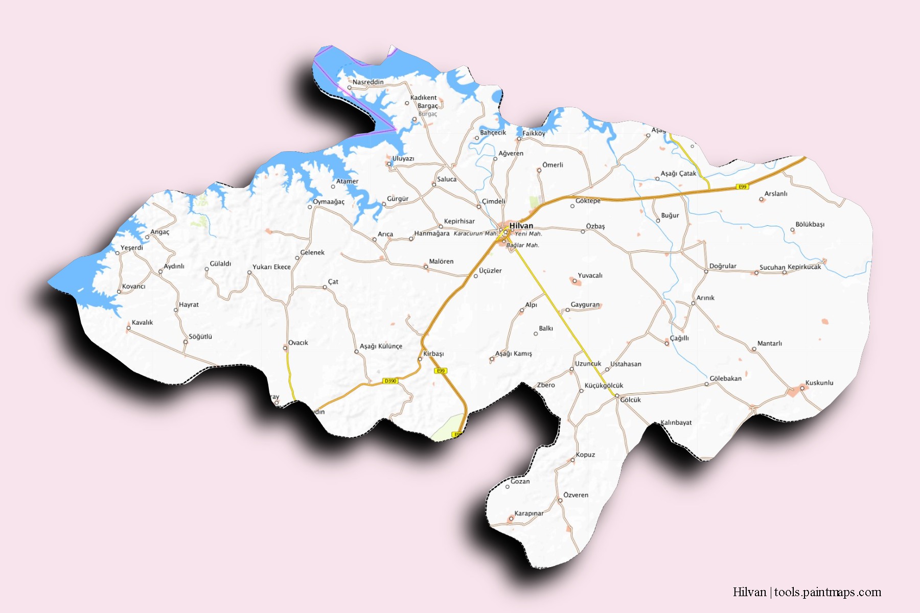 Hilvan neighborhoods and villages map with 3D shadow effect