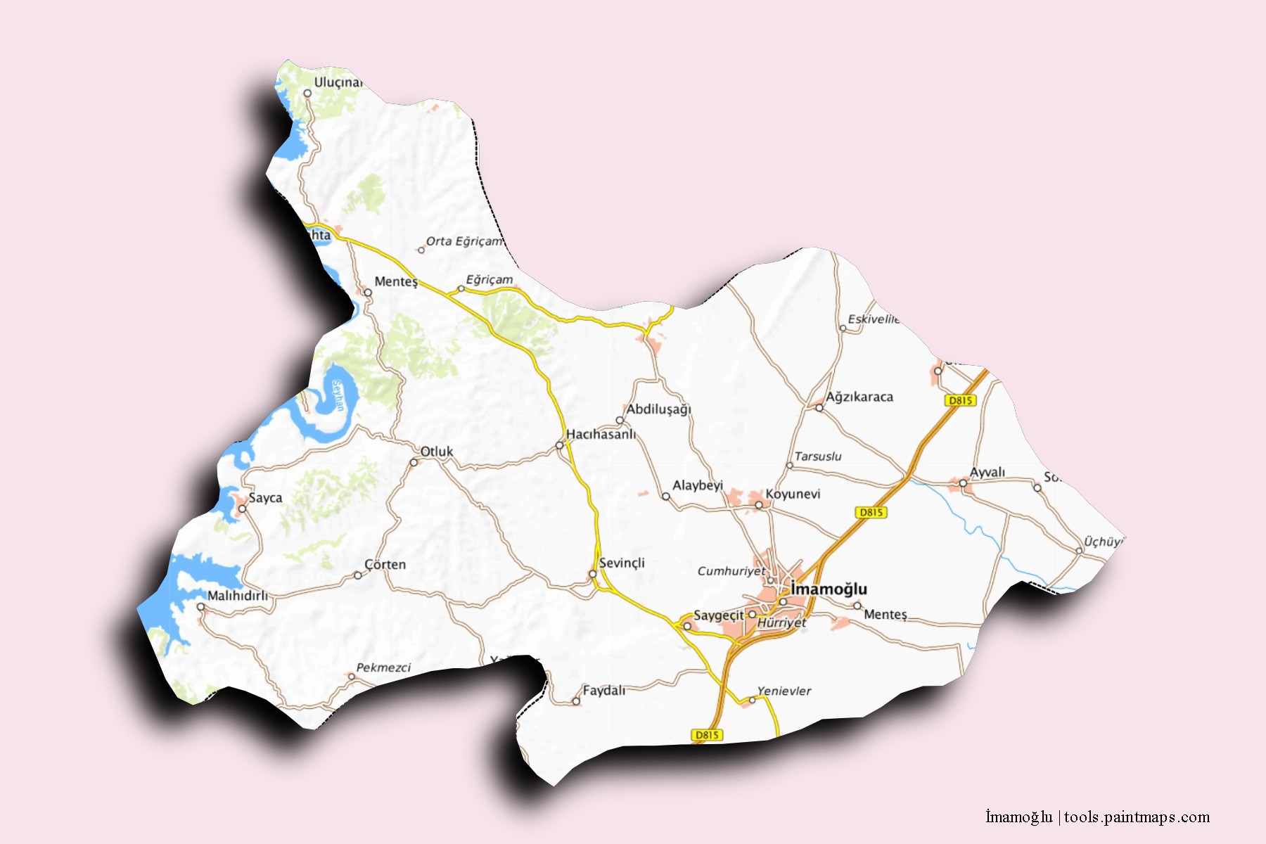 Imamoglu neighborhoods and villages map with 3D shadow effect