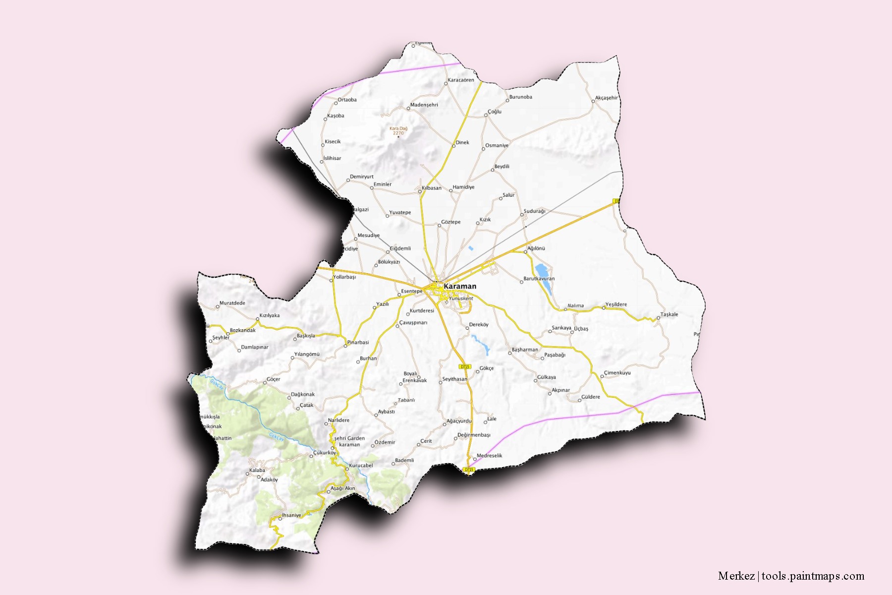 Mapa de barrios y pueblos de Merkez con efecto de sombra 3D