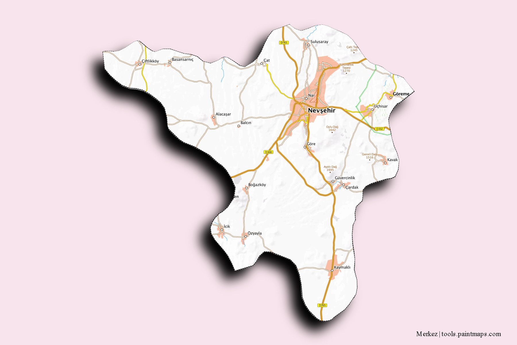 Merkez neighborhoods and villages map with 3D shadow effect