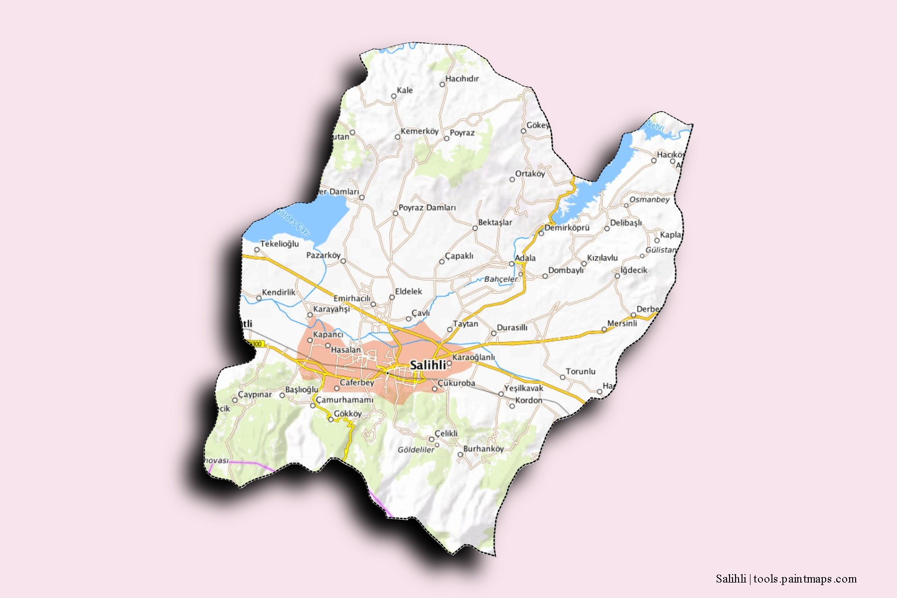 Mapa de barrios y pueblos de Salihli con efecto de sombra 3D